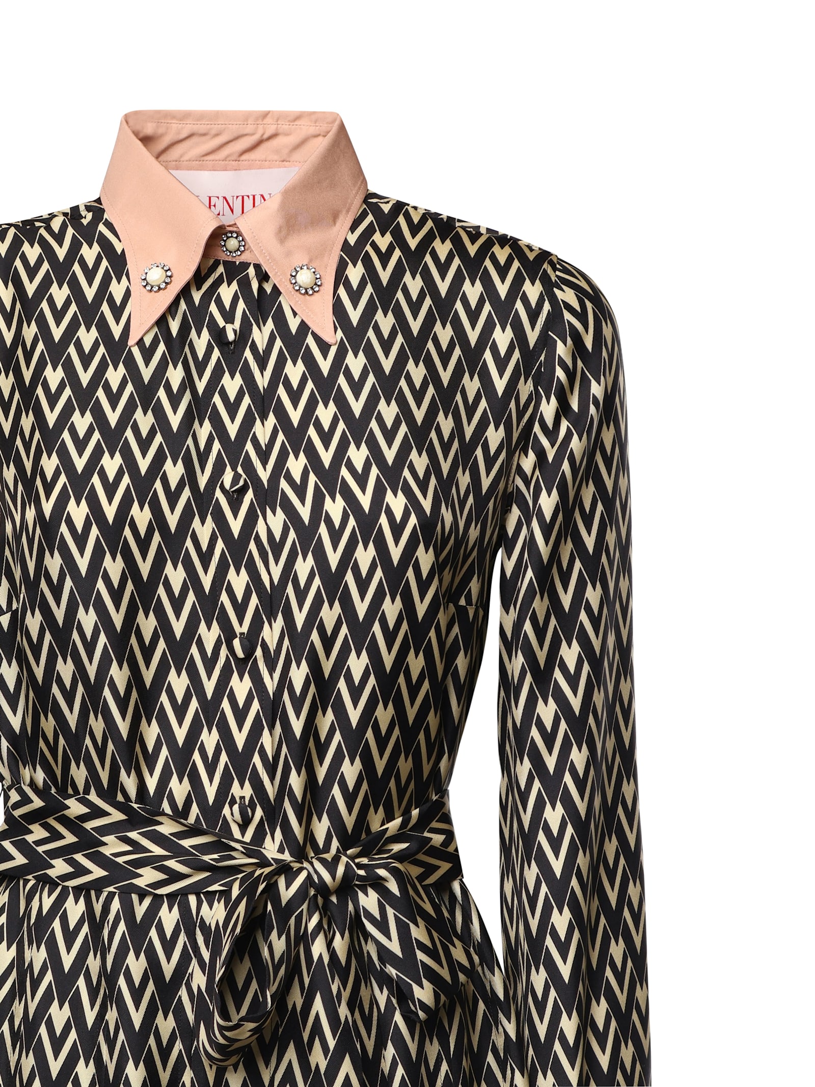 Valentino Embellished Belted Printed Silk-twill Midi Shirt Dress In Black, Cream