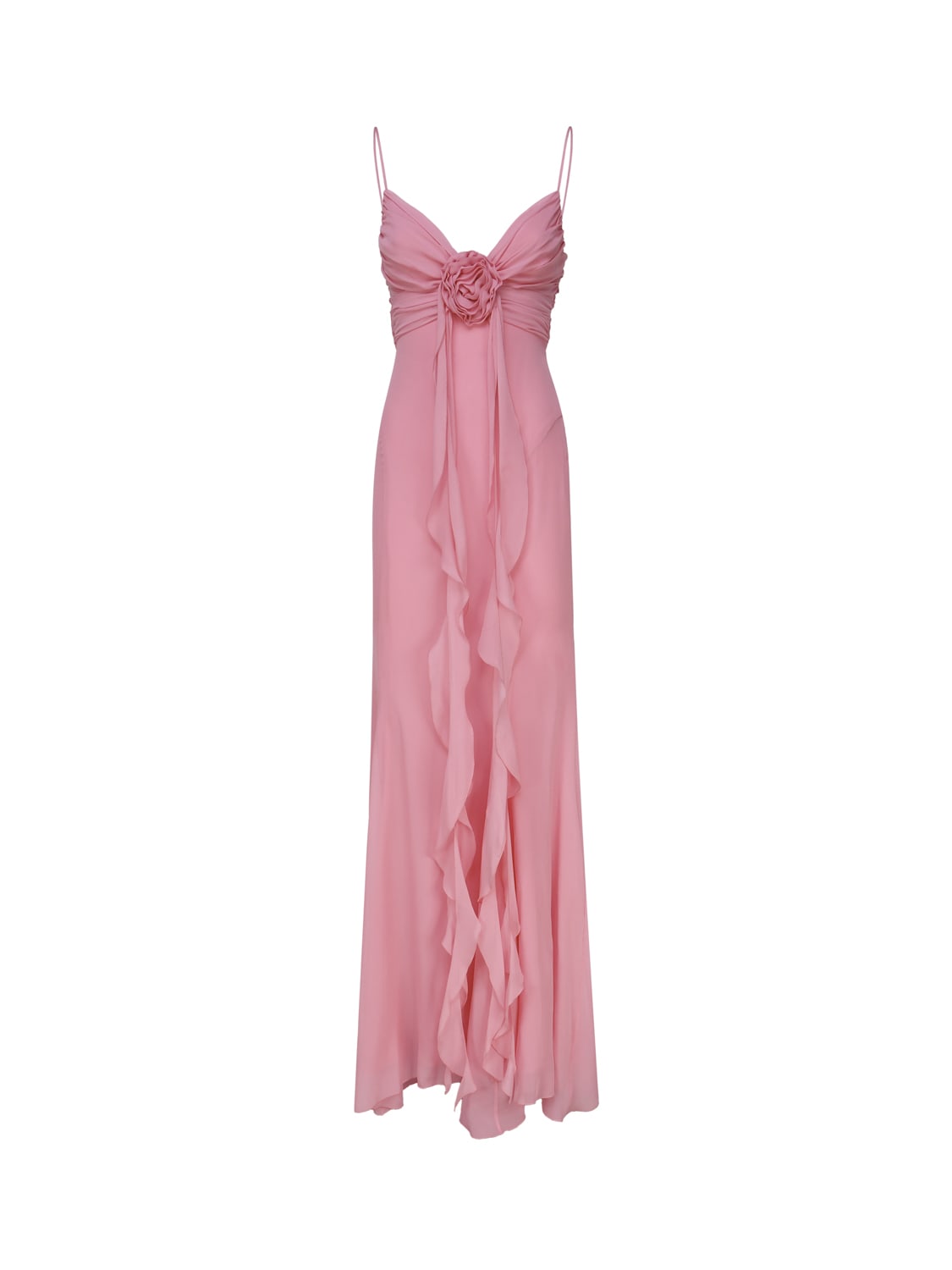 Shop Blumarine Long Silk Dress With Draping And Decorative Rose In Pink Geranio