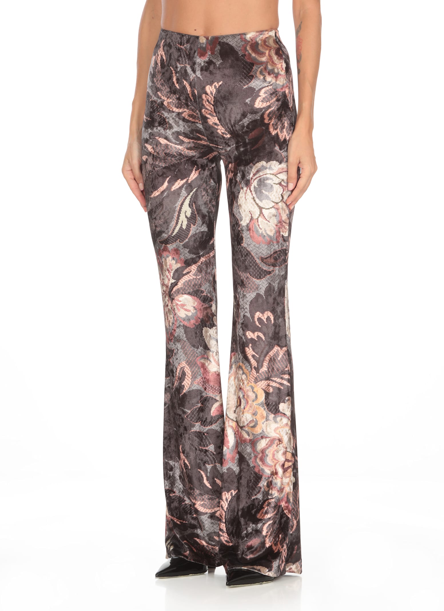 Etro Flared Leg Floral Pattern High Rise Pants In Multicolour