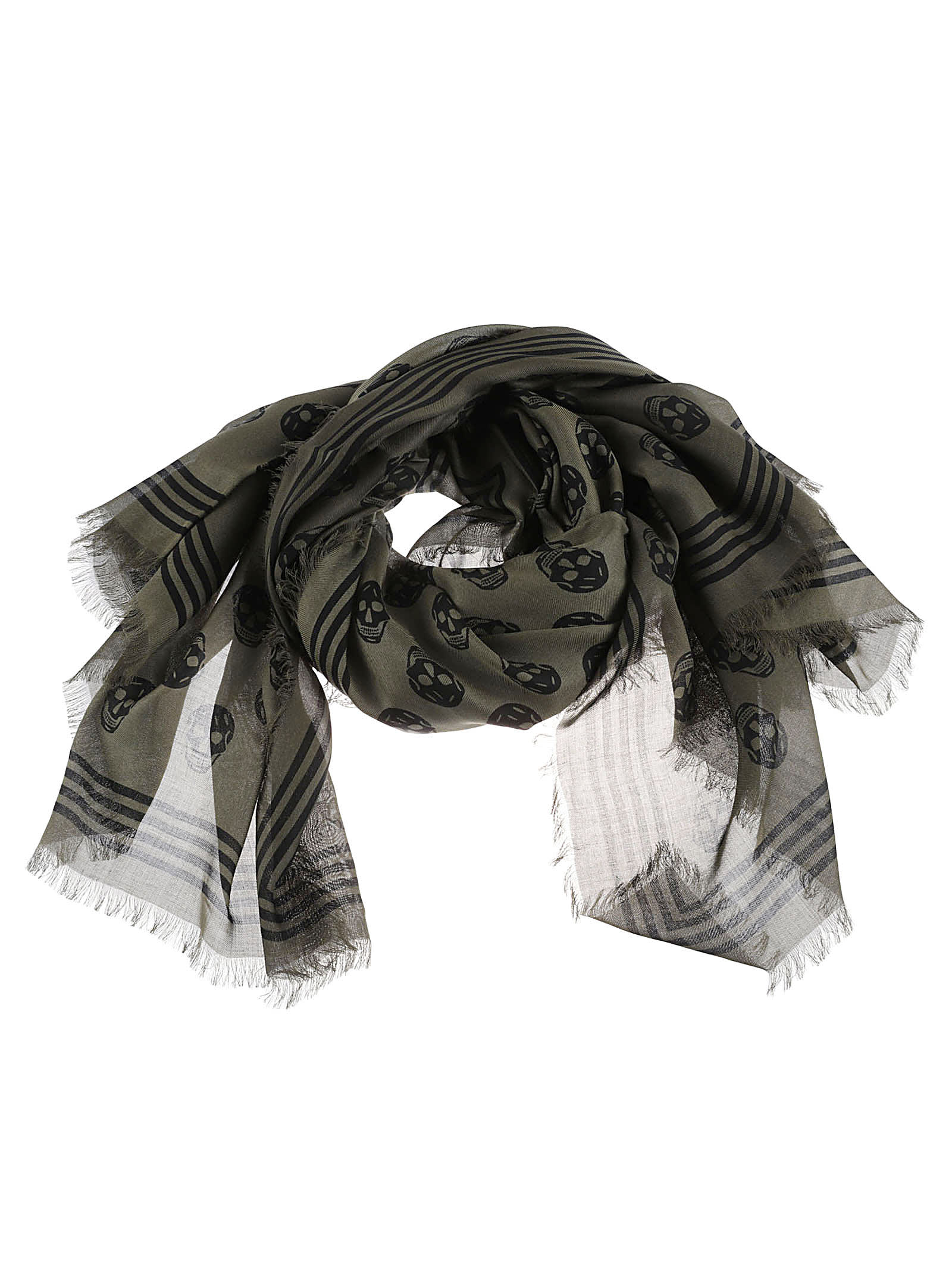 Shop Alexander Mcqueen Skull Fringed Scarf In Kaki