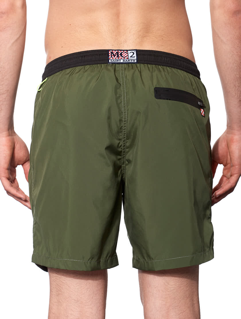 Mc2 Saint Barth Military Green Light Fabric Zipped Swim Shorts In Green