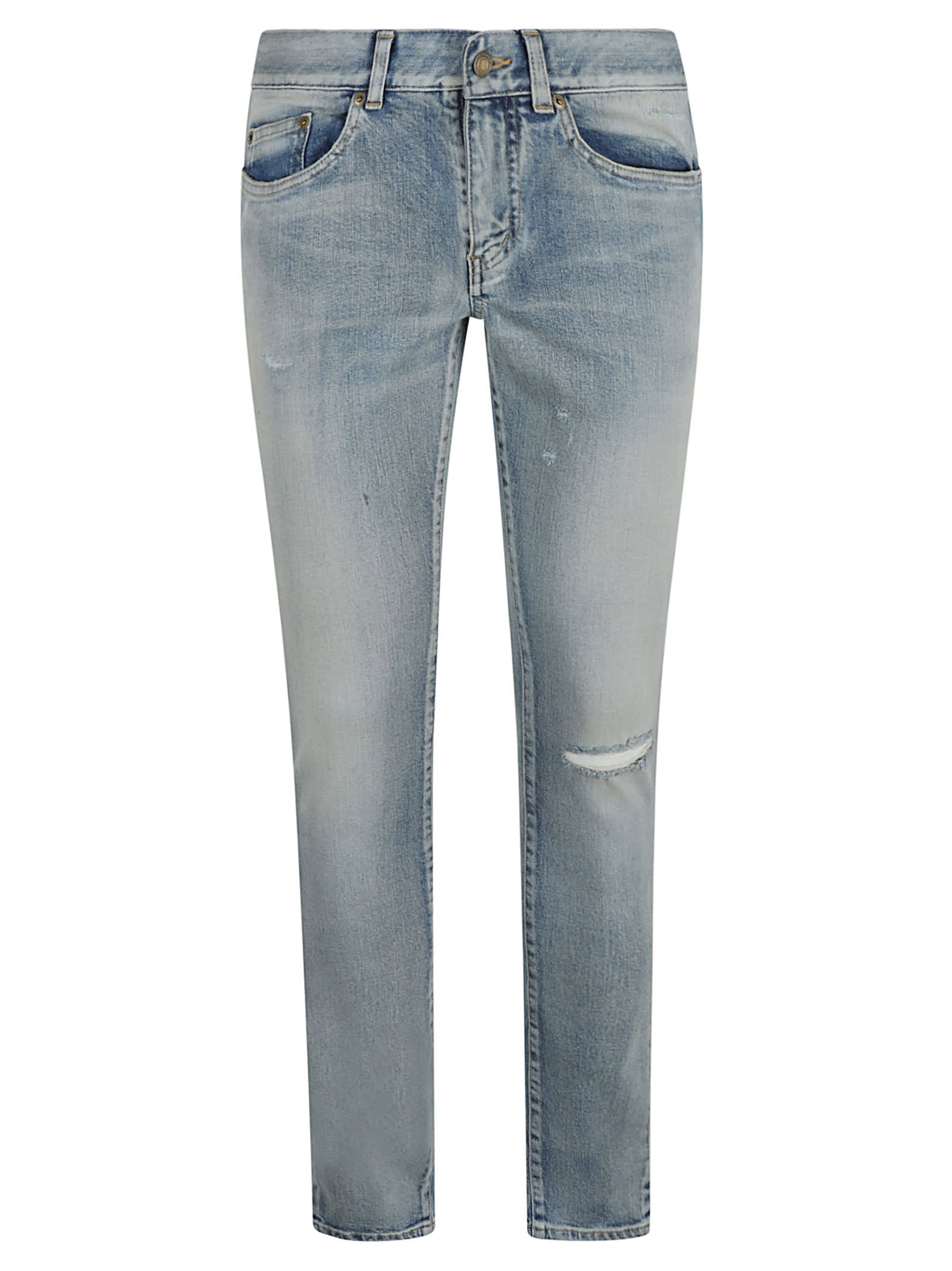 Shop Saint Laurent Rip Detail Fitted Jeans In Monica Blue