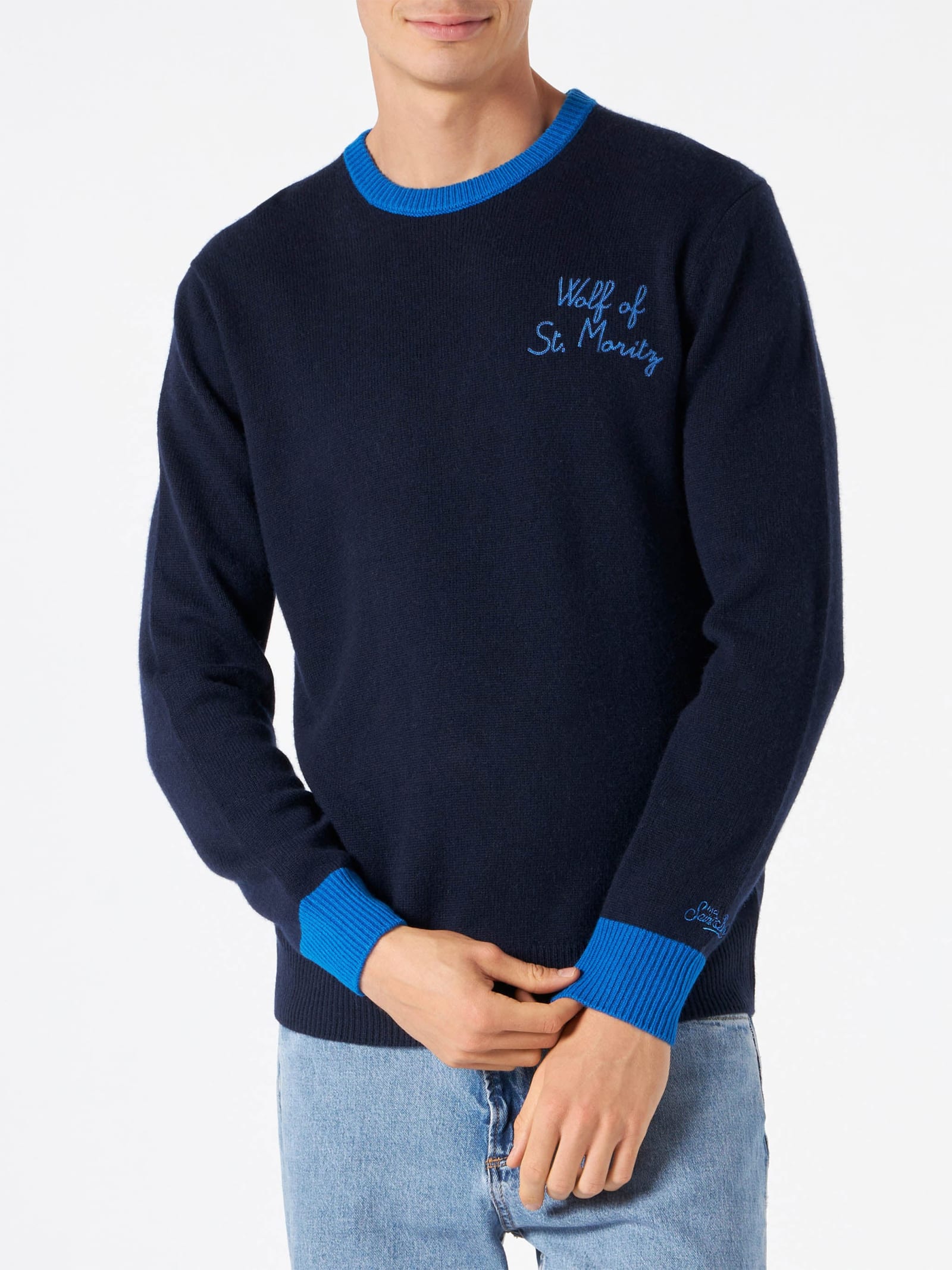 MC2 Saint Barth Man Navy Blue Sweater With Wolf Of St. Moritz Embroidery