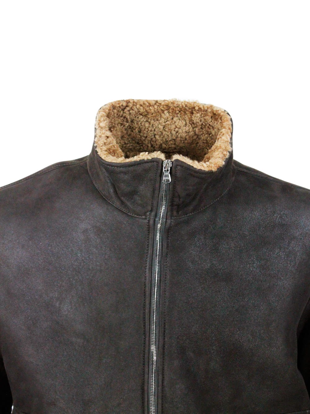 Shop Barba Napoli Bomber Jacket In Fine And Soft Shearling Sheepskin With Stretch Knit Trims And Zip Closure. Front Po In Brown