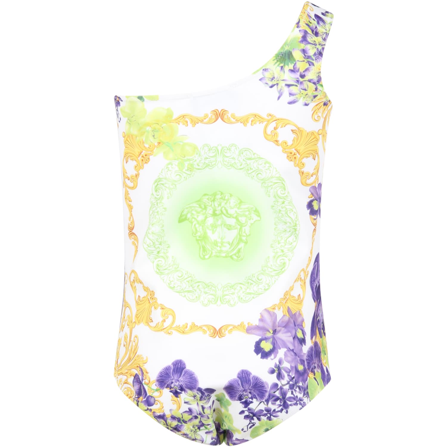 Shop Versace White Swimsuit For Girl With Medusa In Multicolor