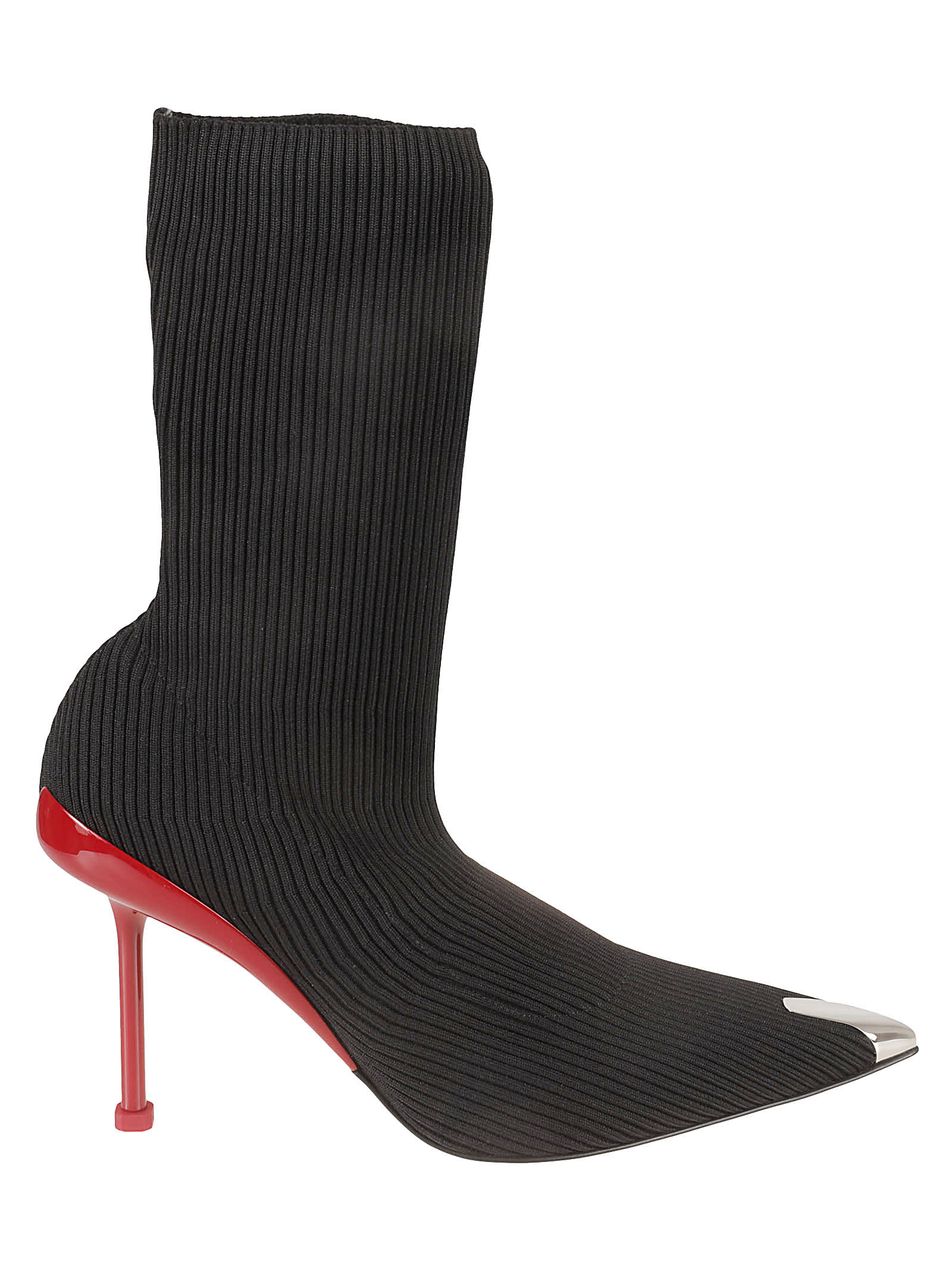 Alexander Mcqueen Rib Knit Boots In Black/blood Red/silver