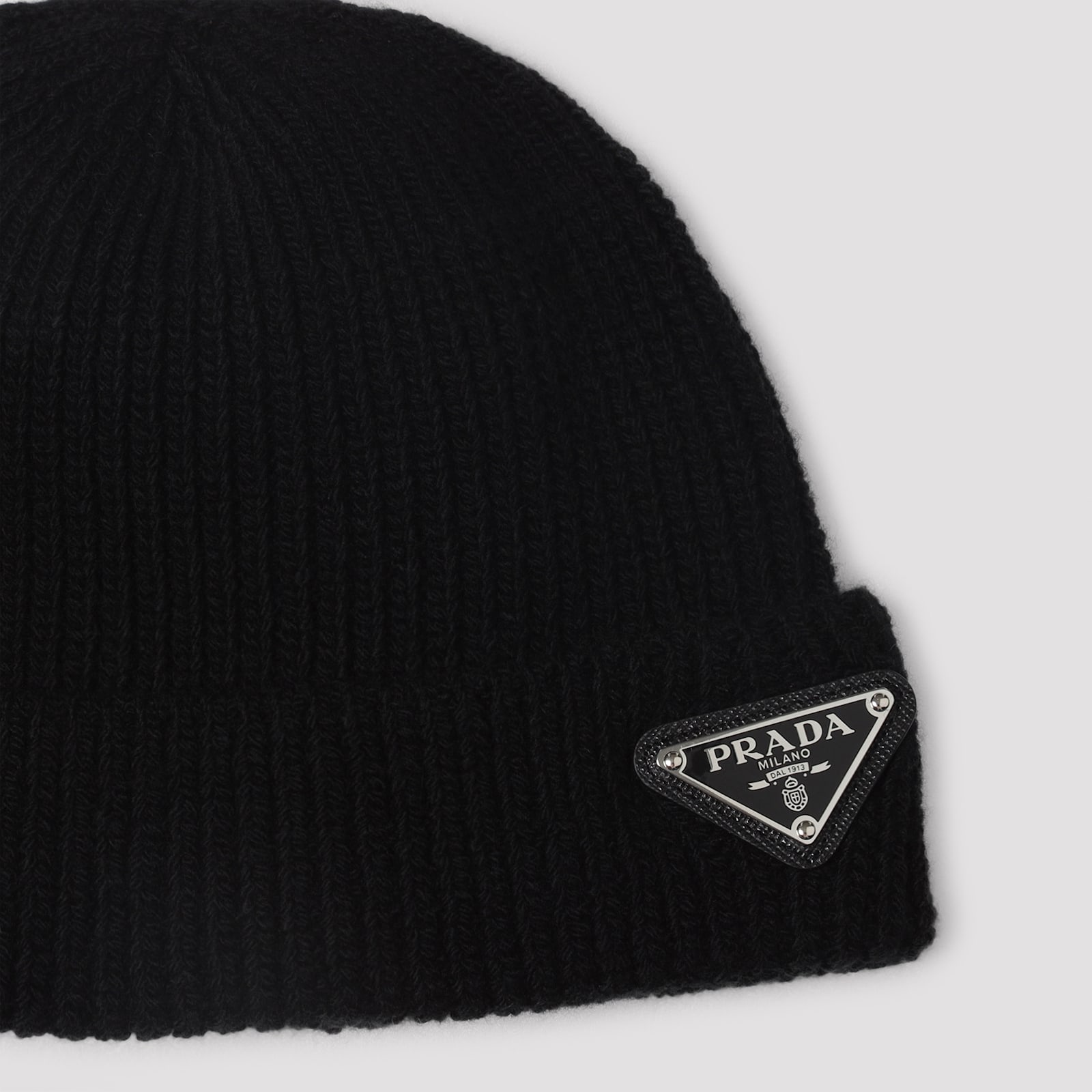 Prada Triangle Logo Cashmere Beanie In Black