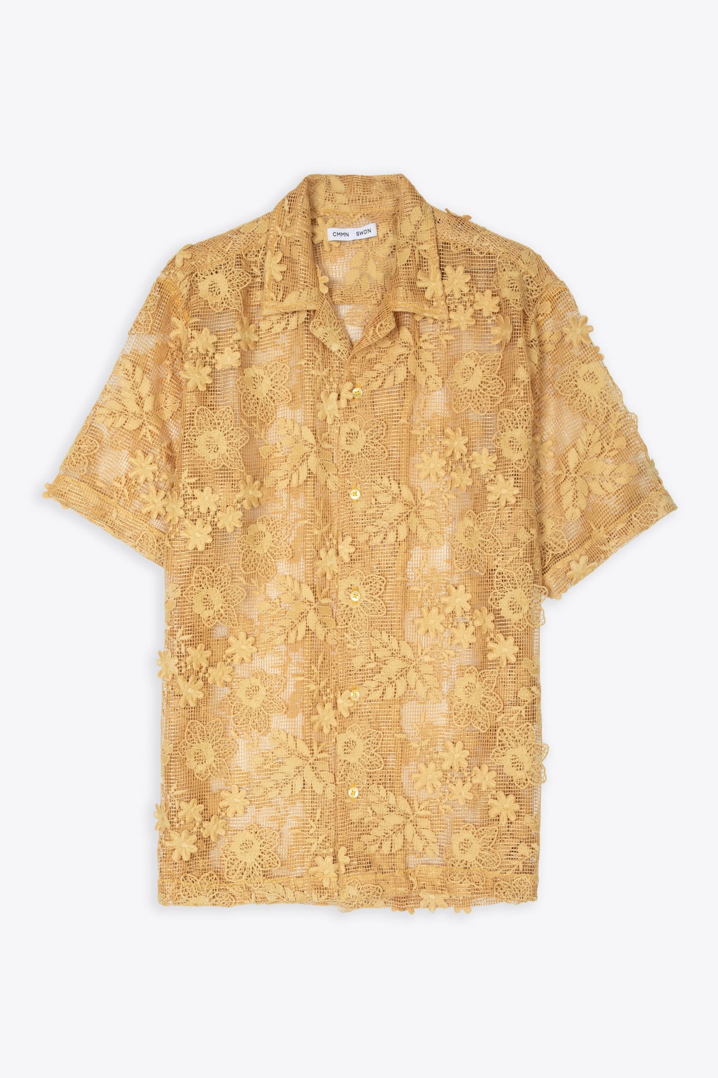 CMMN SWDN SHORT SLEEVE CAMP COLLAR SHIRT IN FLORAL TULLE OCHRE TULLE SHIRT WITH FLORAL EMBROIDERY - DUANE