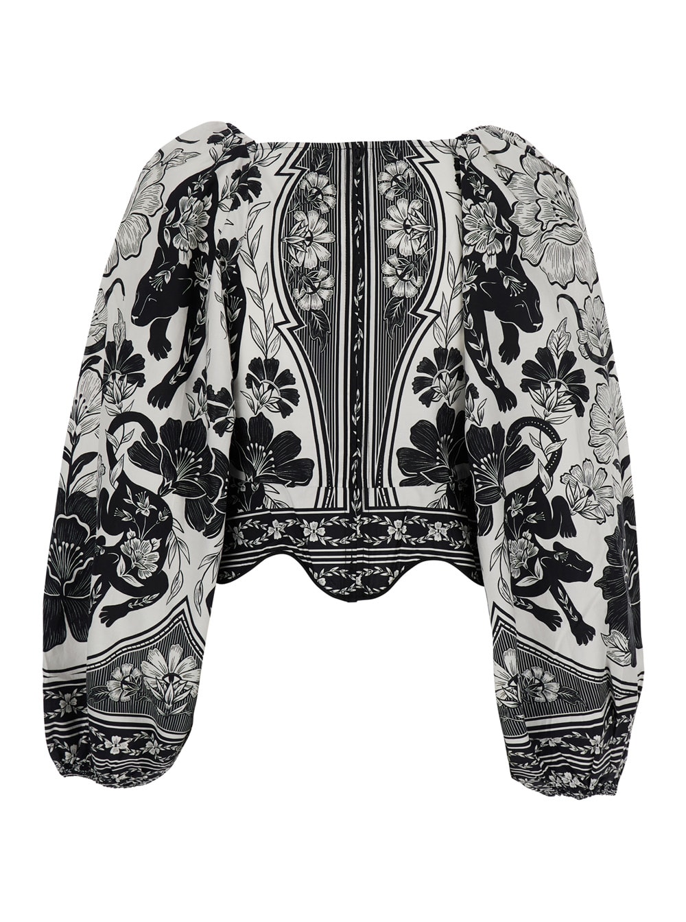 Shop Farm Rio Flower Leopard Black And White Blouse With Boat Neckline And All-over Floral Print In Cotton Woman In White/black