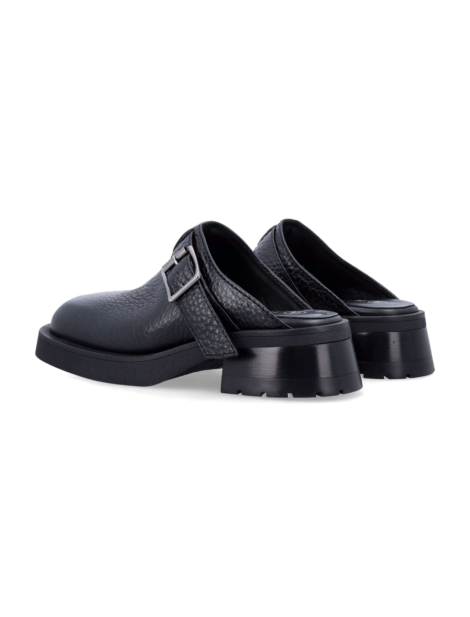 Miista Buckle Chunky Heel Open Back Leather Mules In Black