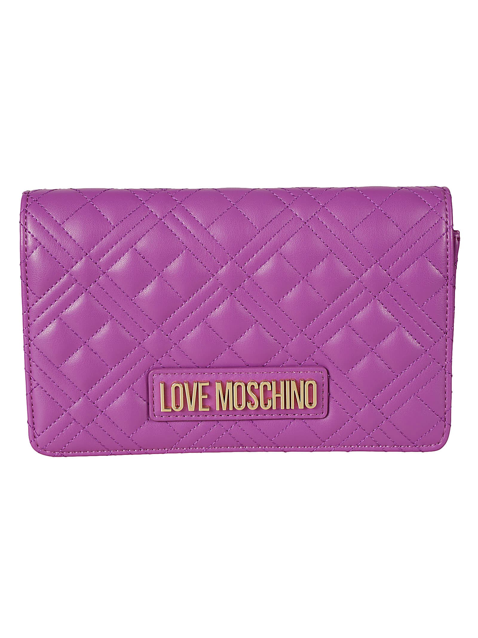 Shop Love Moschino Logo Plaque Quilted Shoulder Bag In Purple