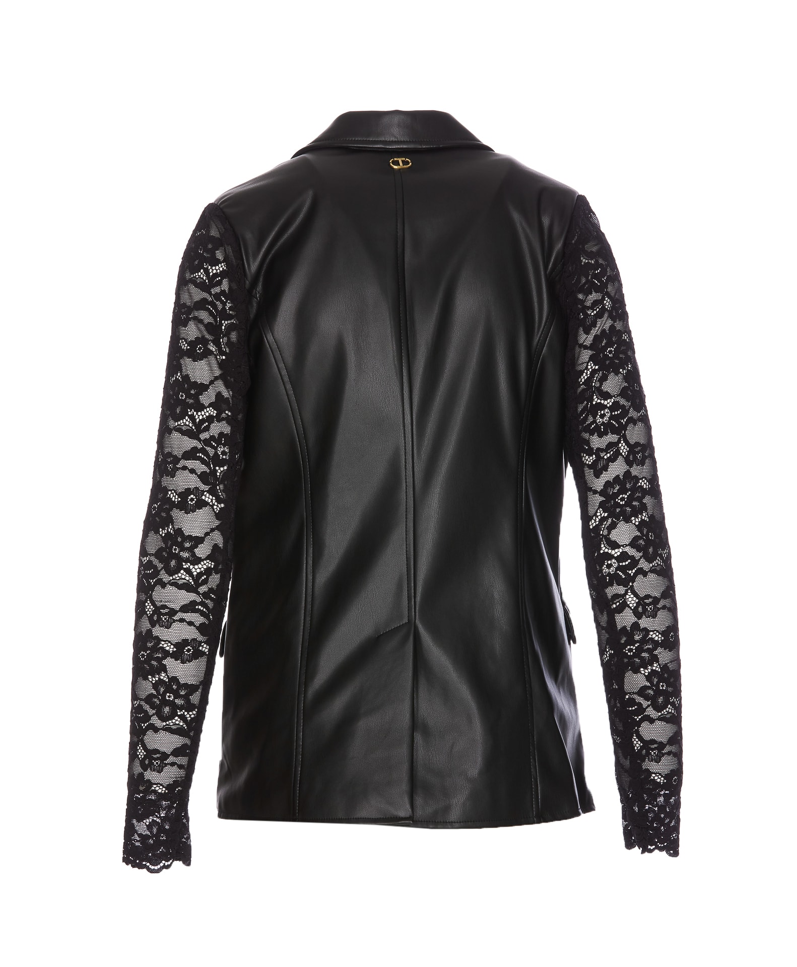 Shop Twinset Leather Effect Blazer With Lace In Nero