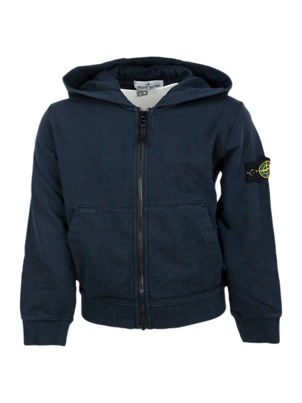 Stone Island Kids' Cotton Sweatshirt With Hood And Zip Closure. Kangaroo Pockets And Logo On The Sleeve In Blu
