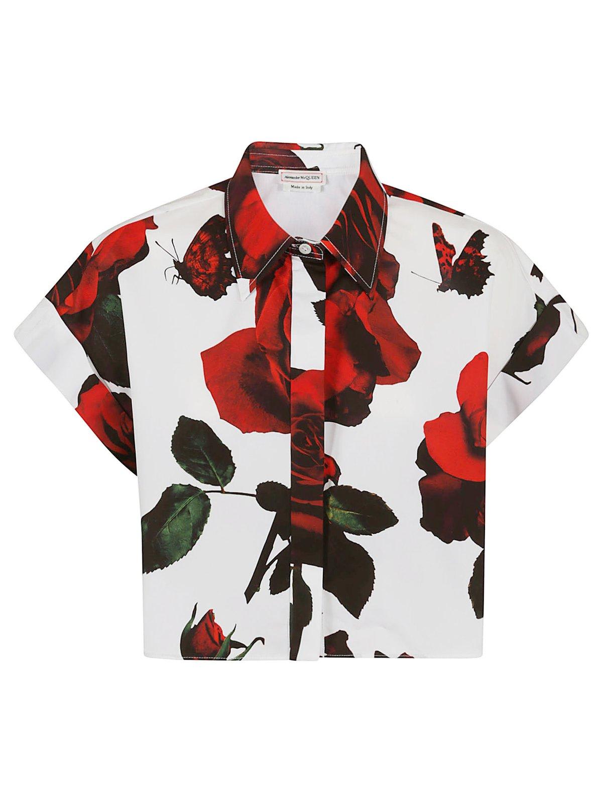 Shop Alexander Mcqueen Rose-printed Short Sleeved Cropped Shirt In White