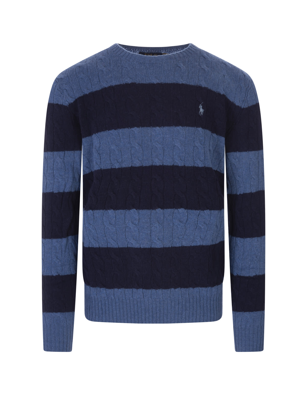 Ralph Lauren Man Navy Blue And Light Blue Braided Sweater With Striped Pattern