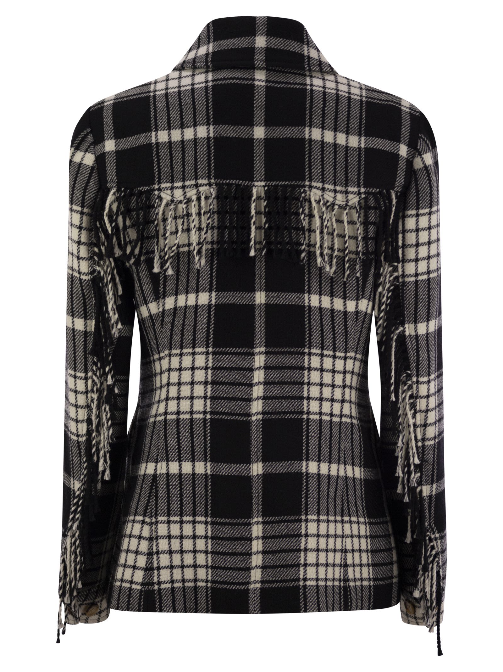 Shop Polo Ralph Lauren Plaid Wool Jacket With Fringes In Black/cream