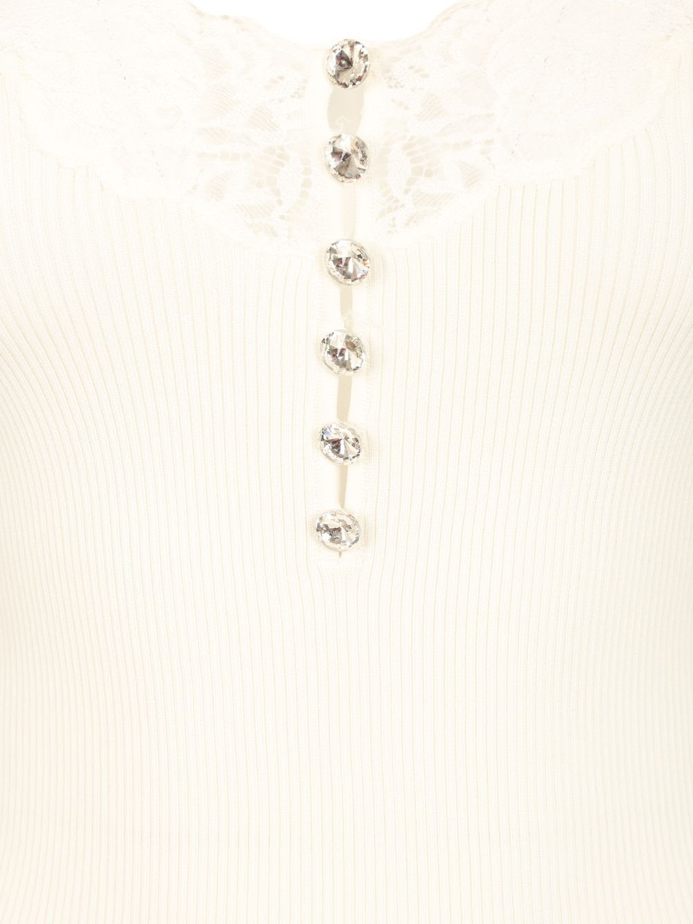 Self-portrait White Ribbed Top With Lace Trim In Yellow