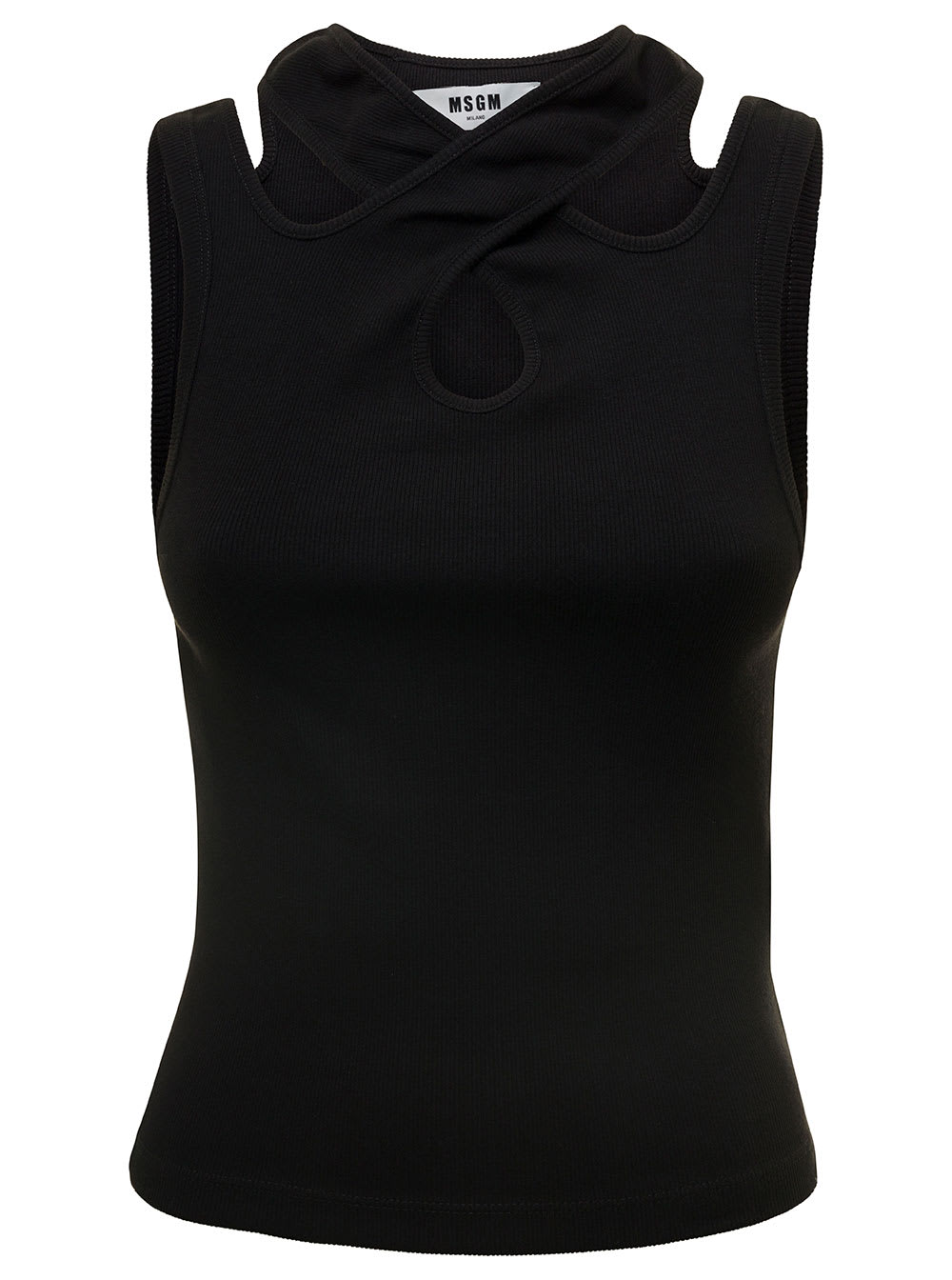 Msgm Black Ribbed Tank Top With Cut-out Detailing In Cotton Woman In Black
