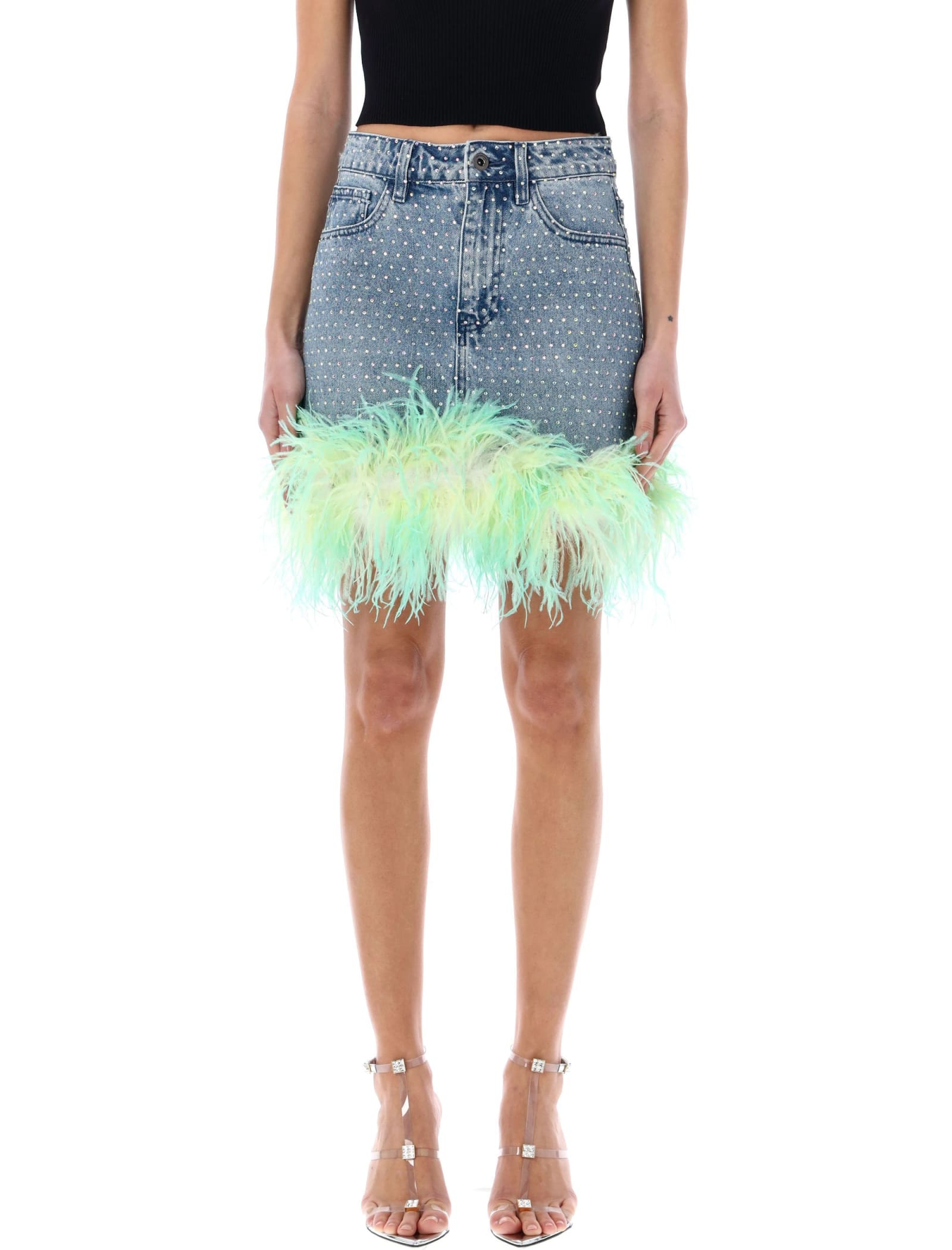 Rhinstone Feather Denim Mini Skirt