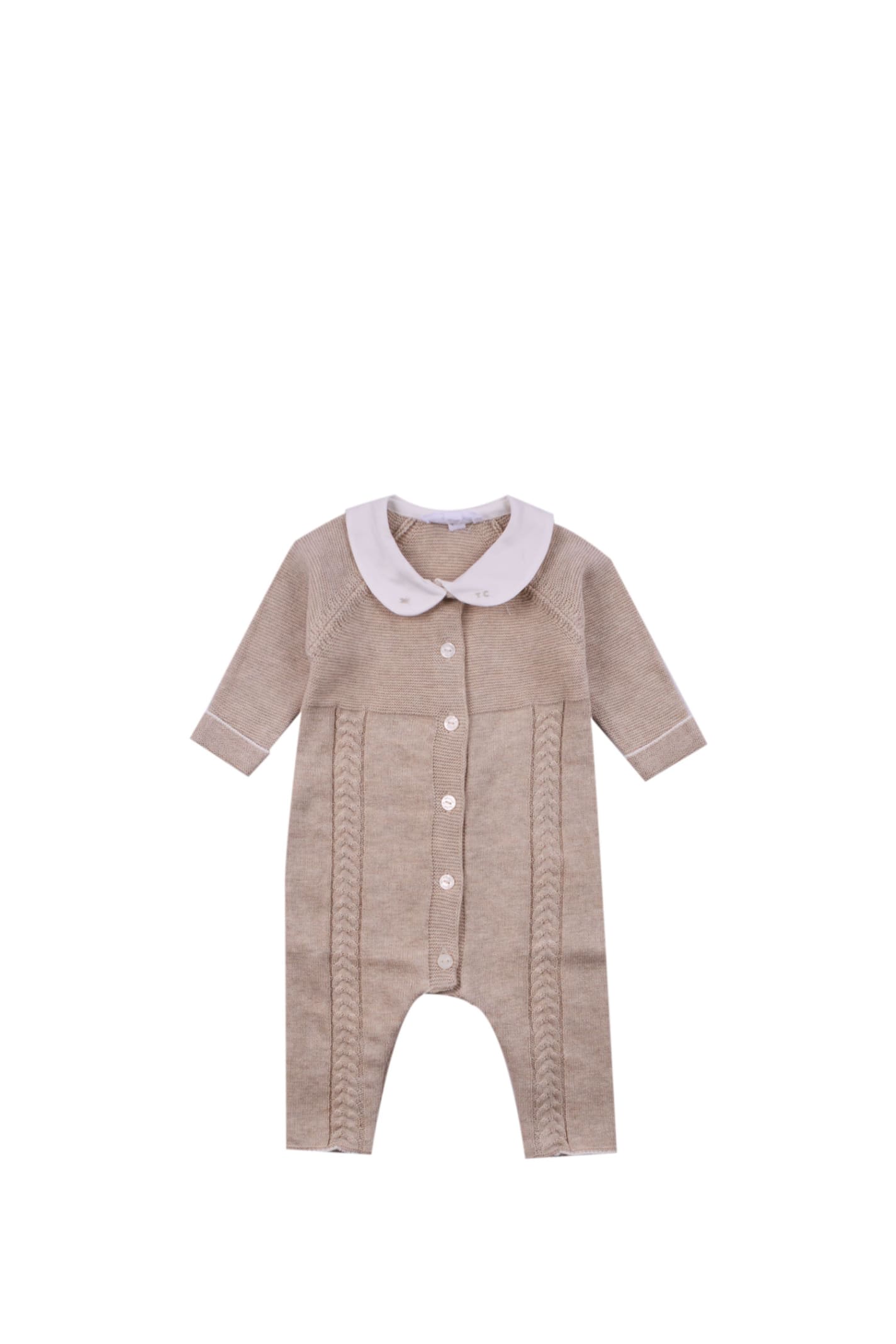 Tartine Et Chocolat Babies' Knitted Romper With Embroidered Collar In Beige