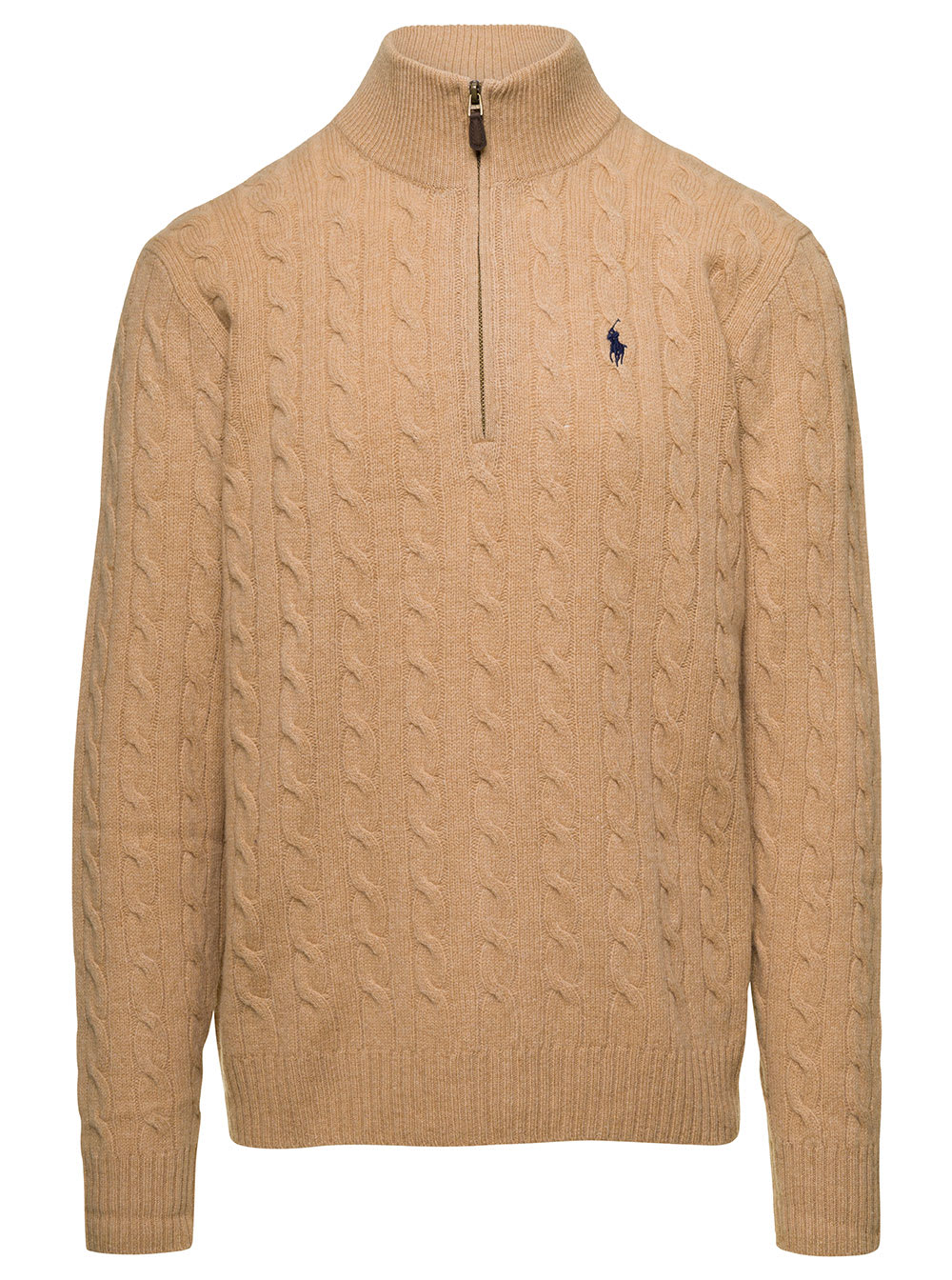 Shop Ralph Lauren Beige Cable Knit Sweater With Zip And Pony Embroidery In Wool And Cashmere Man In Camel Melange