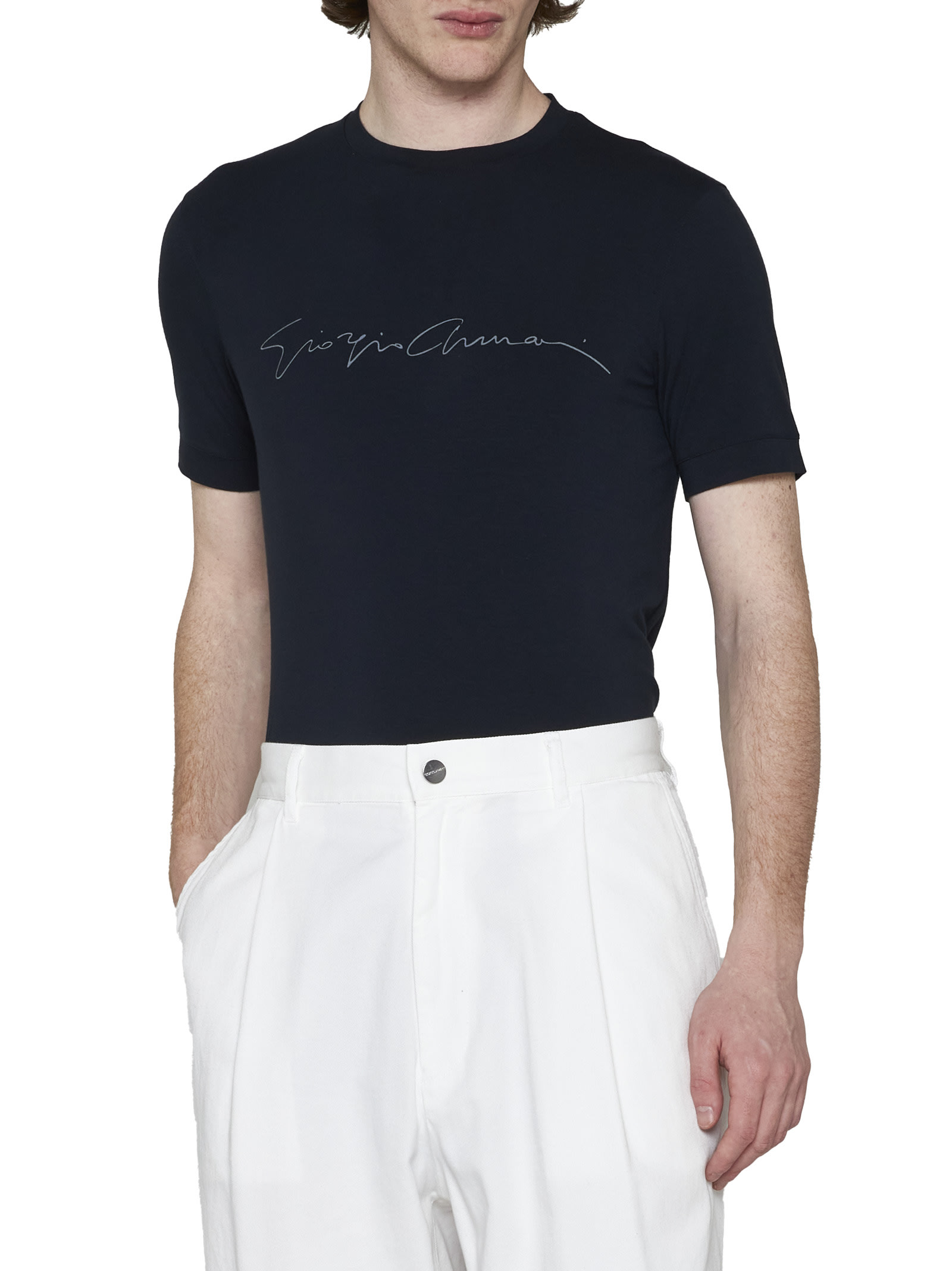 Shop Giorgio Armani Logo Print Crewneck T-shirt In Blu Navy