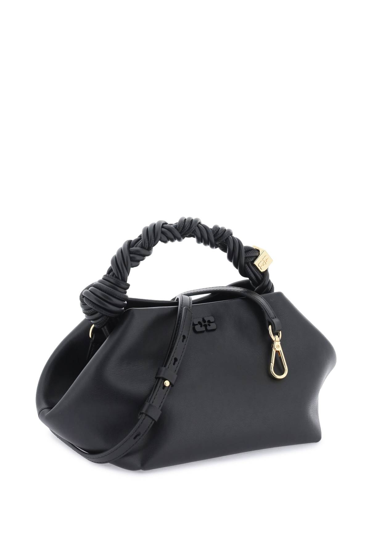 Ganni Bou Black Handbag With Butterfly Logo And Hand-braided Strands In Leather Woman In Black