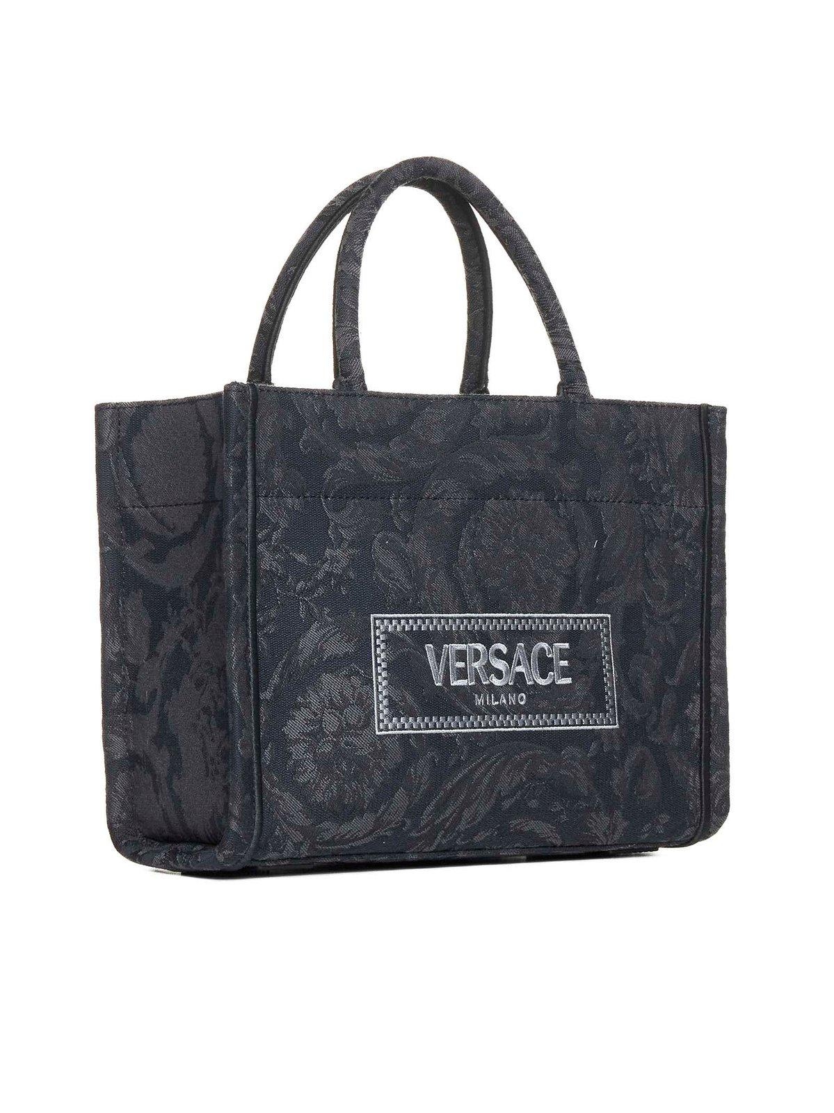 Versace All-over Floral Motif Top Handle Bag In Black+black--gold