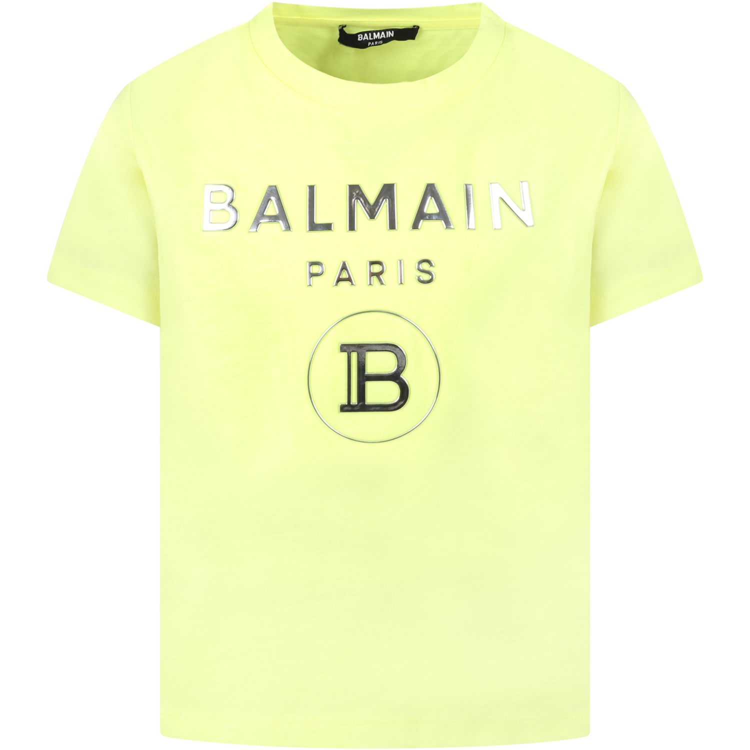 Balmain Neon-yellow T-shirt For Kids With Double Silver Logo