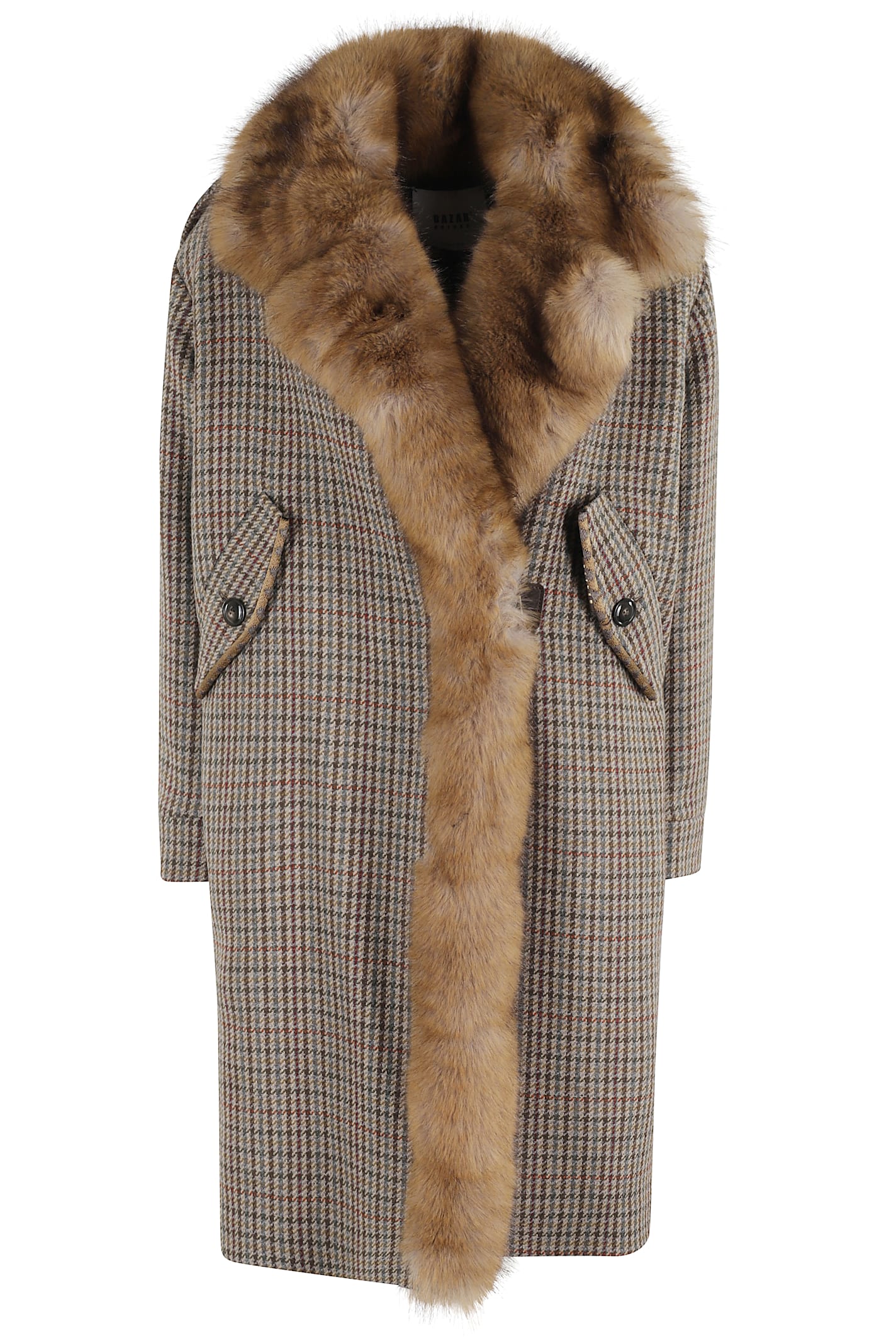 Bazar Deluxe Faux-fur Collar Houndstooth-pattern Coat In Multi