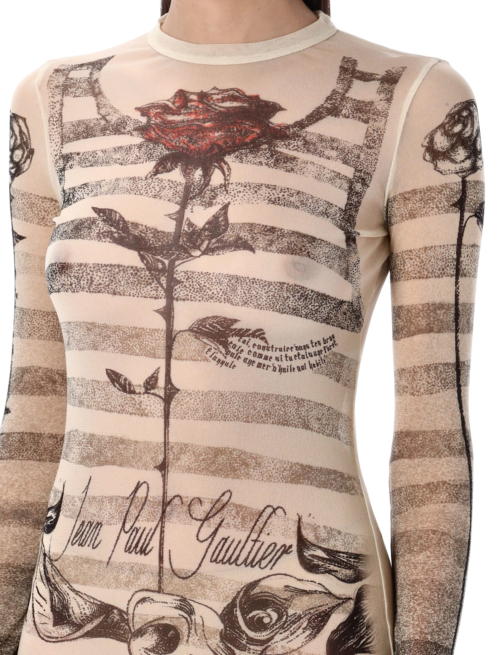 Jean Paul Gaultier Mesh Tatoo Mariner Long Dress In Ecru Black Red