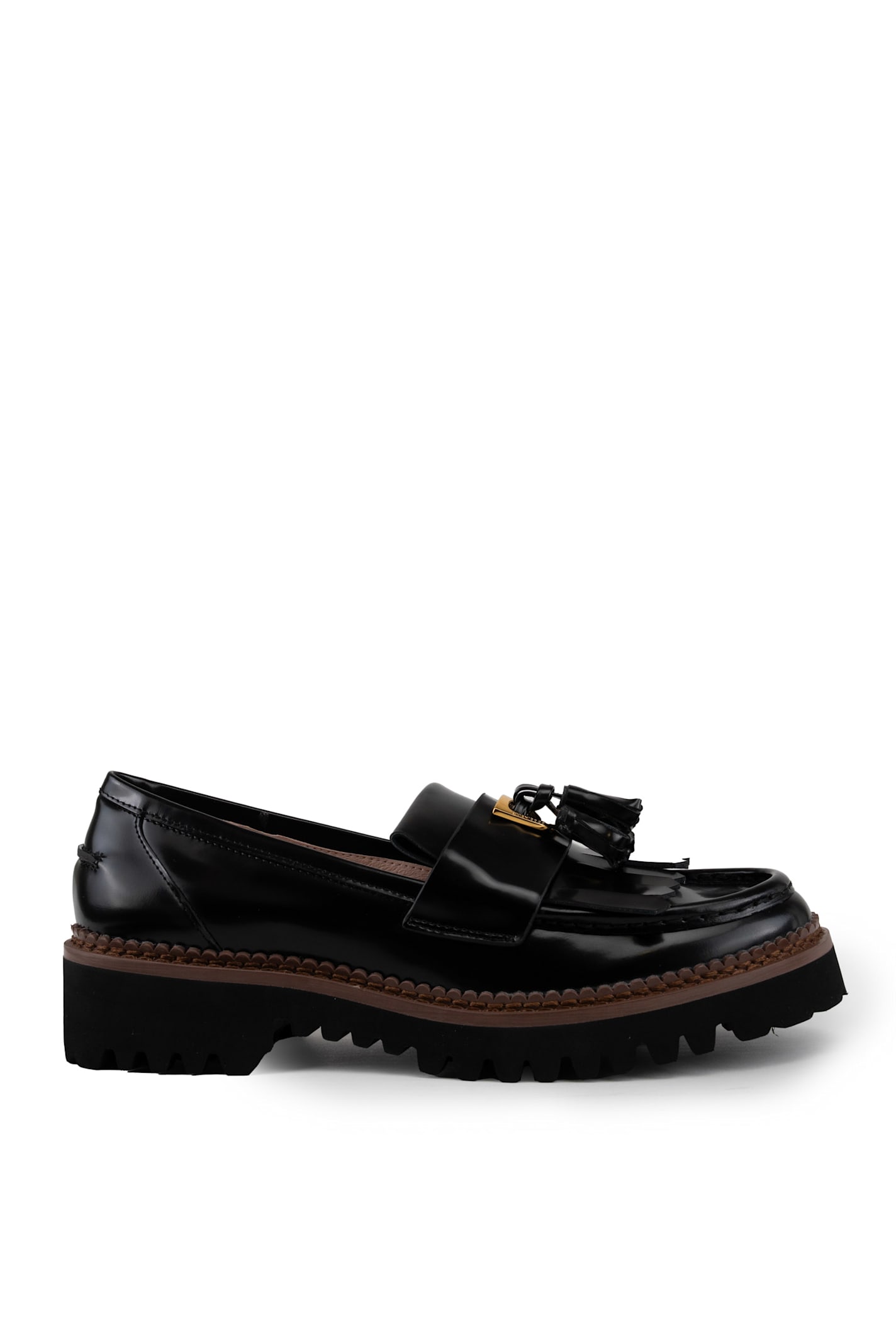 Shop Coccinelle Beat Shiny Leather Loafers With Fringes In Noir