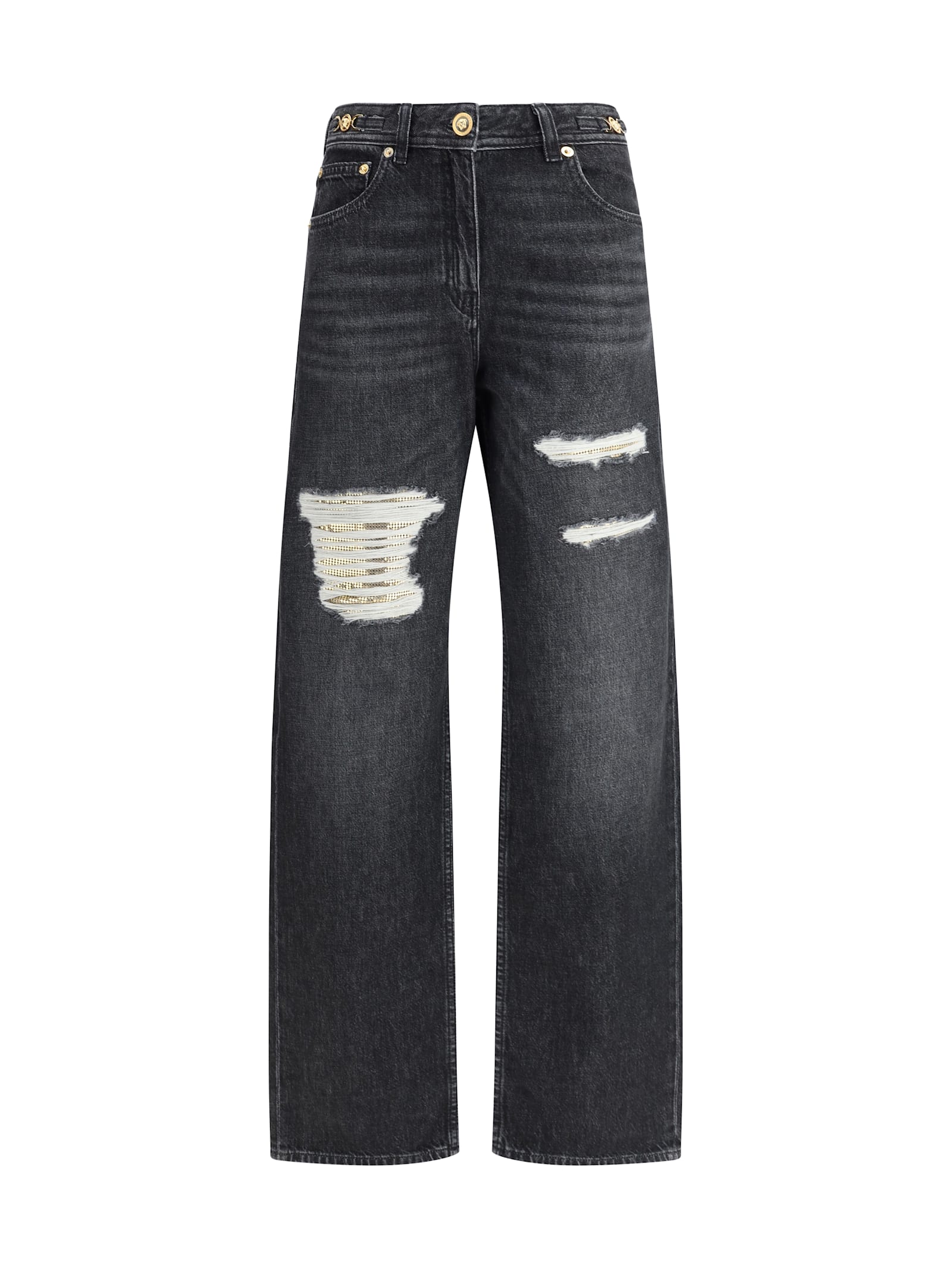 Versace Distressed Wide-leg Jeans Cut-outs In Black