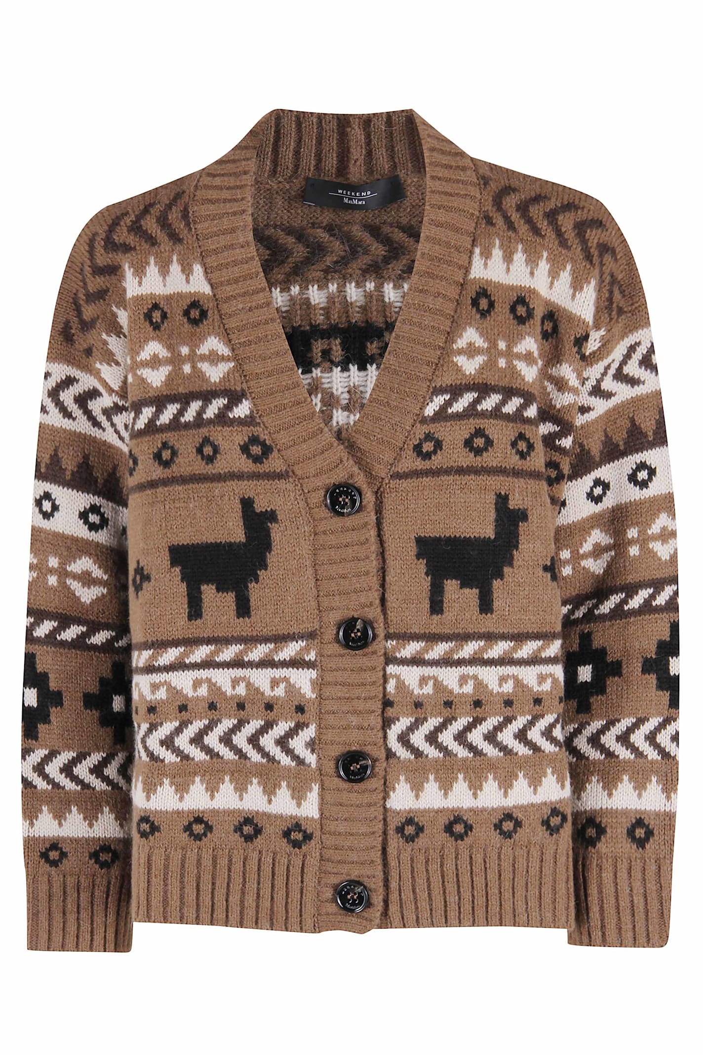 Weekend Max Mara V-neck Cardigan With Ribbed Cuffs And Hem In Brown