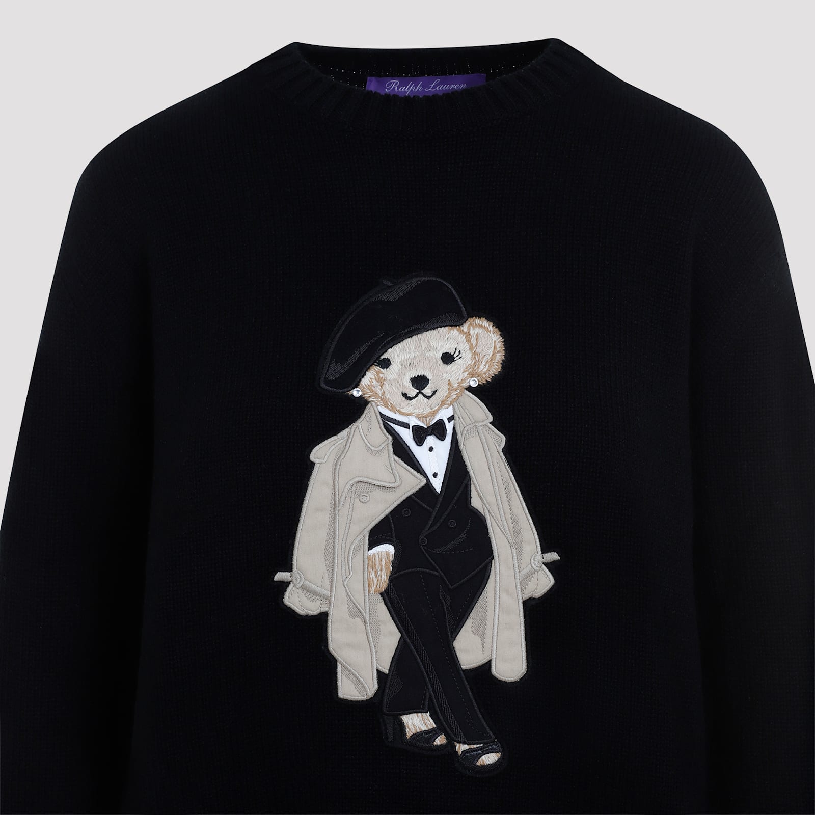 Ralph Lauren Bear Motif Cashmere Pullover With Front Design In Black