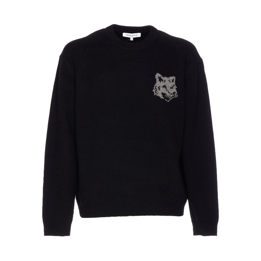 Maison Kitsuné Crew Neck Sweater With Large Fox Embroidery Black In Black