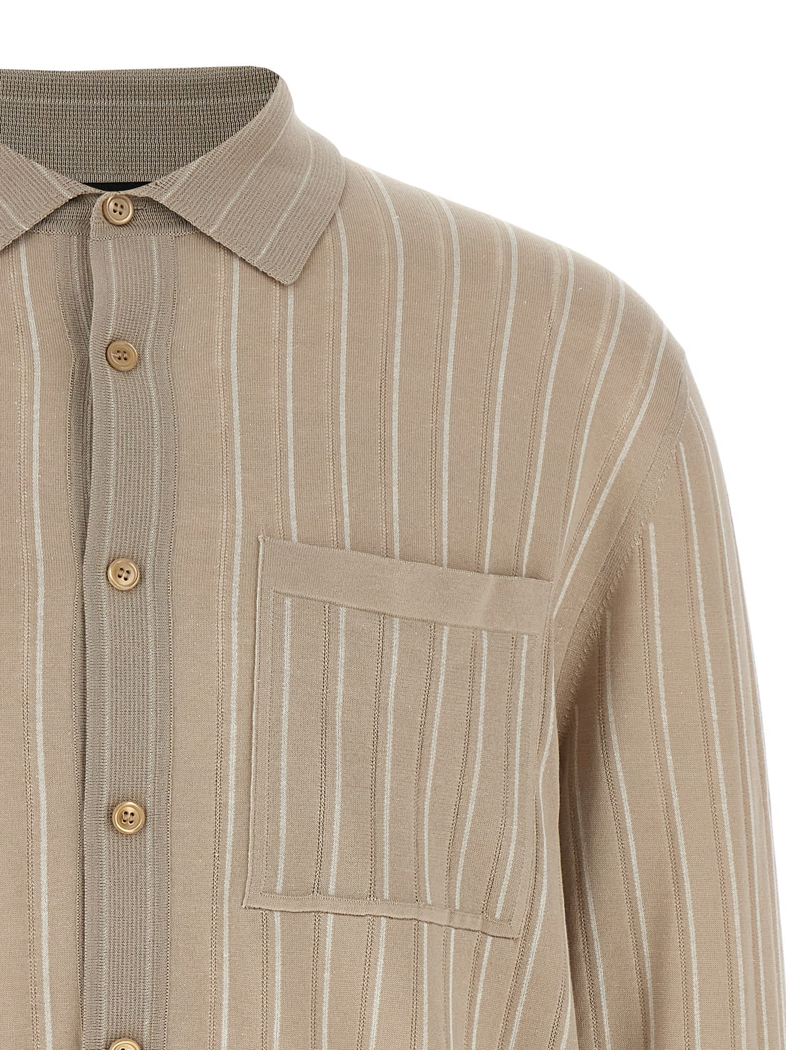 Brioni Knit Shirt With Chest Pocket And Ribbed Finish In Beige
