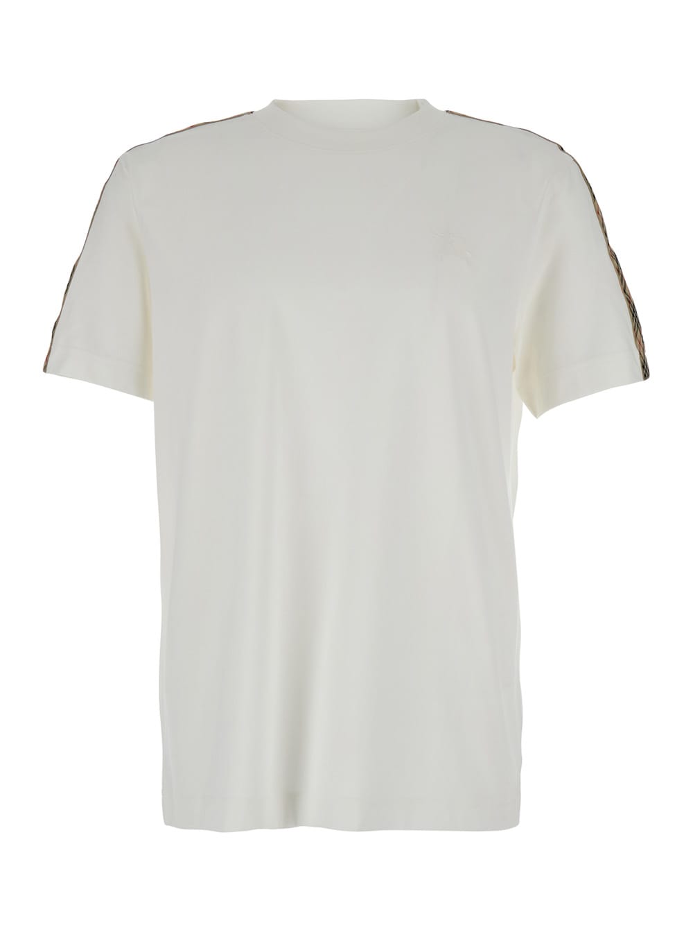 Burberry White Crewneck T-shirt With Check Motif On The Sleeve And Ekd Logo Embroidery On The Front In Cotton In White