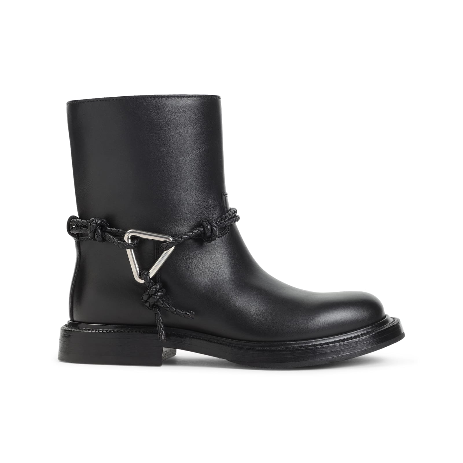 Bottega Veneta Women Black Ankle Boots With Metallic Detail On The Side And Applied Laces In Leather In Black