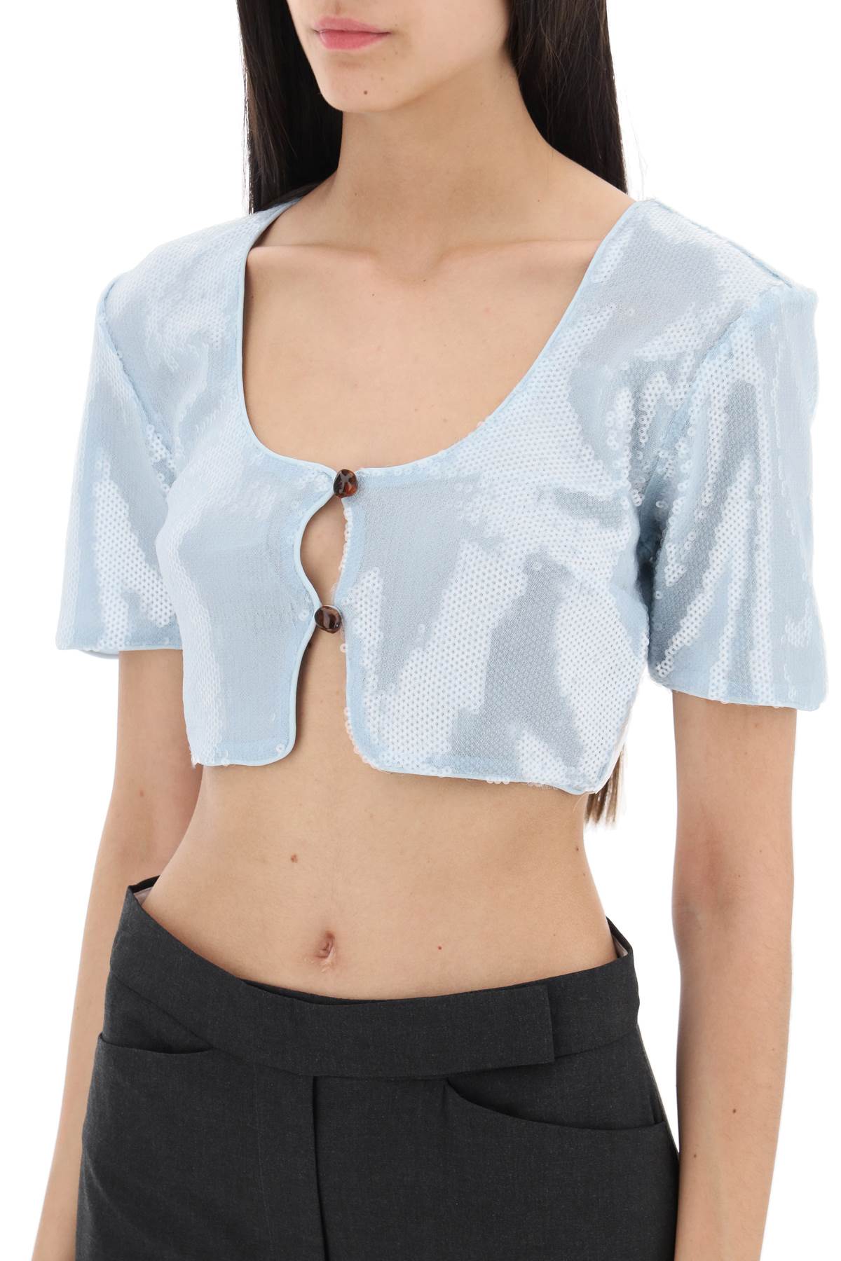 Shop Ganni Sequin Cropped Top In Ice Water (light Blue)