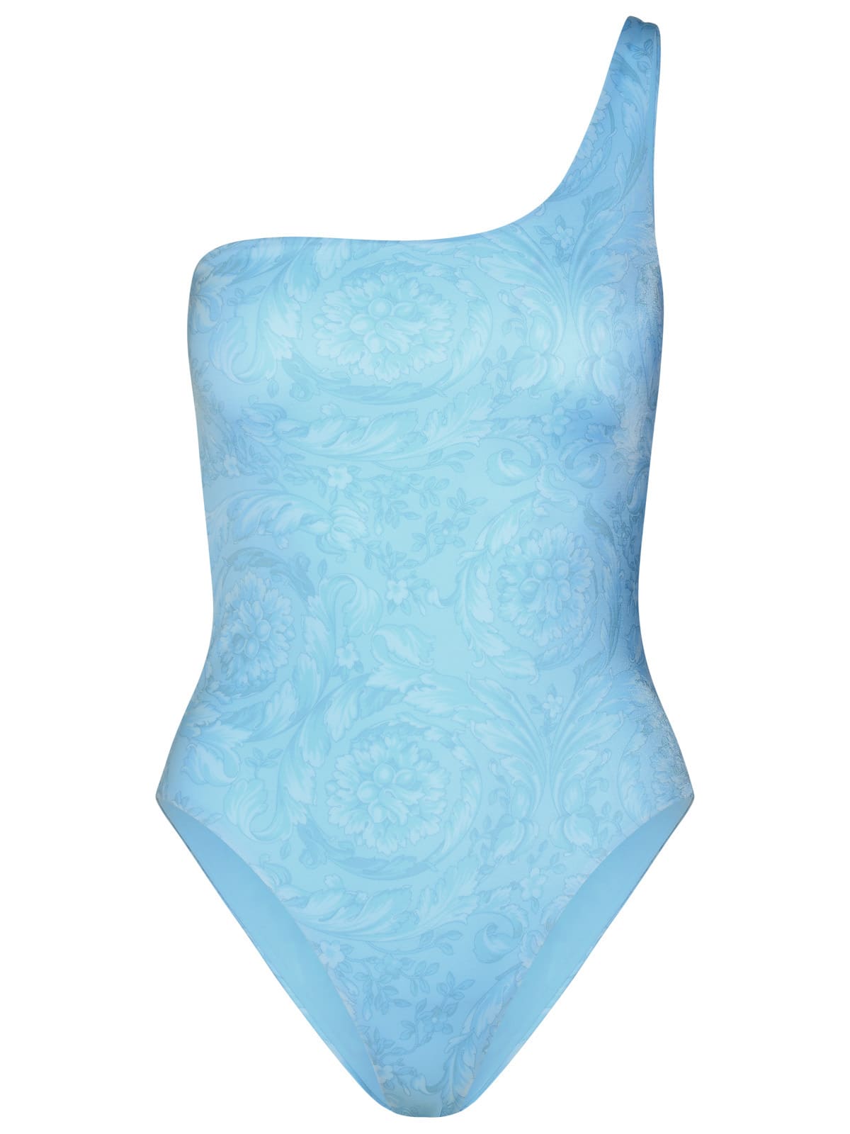 Shop Versace Asymmetric Barocco One-piece Swimsuit In Light Blue Polyester Blend In Pale Blue (light Blue)