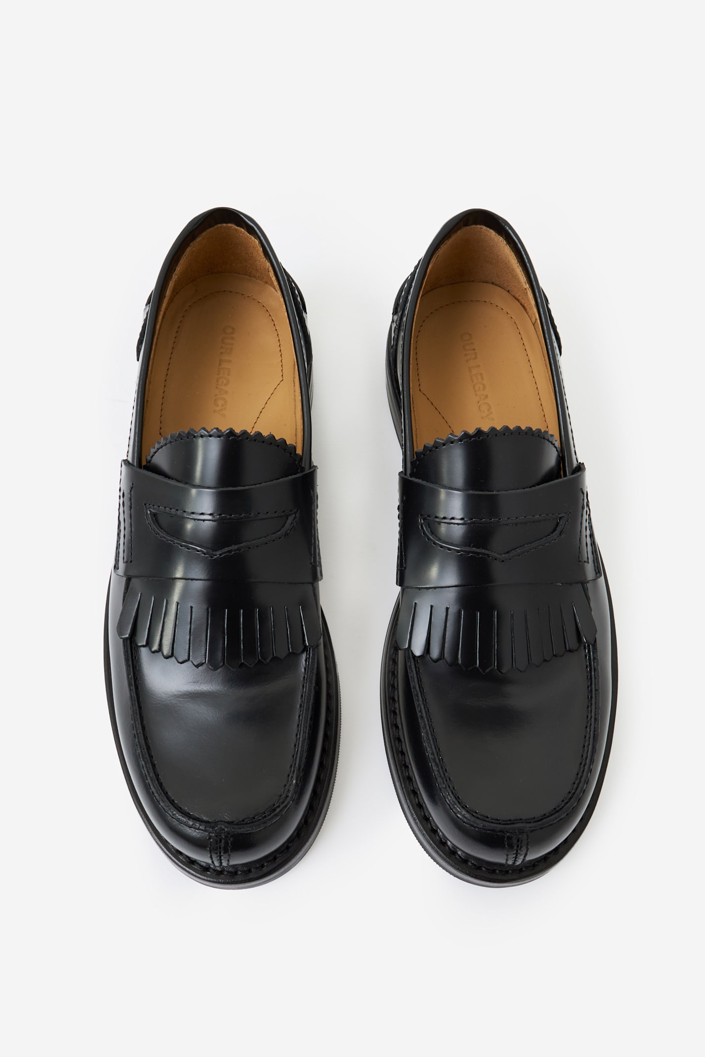 Our Legacy Polished Black Leather Loafers With Decorative Fringe Detail In Black