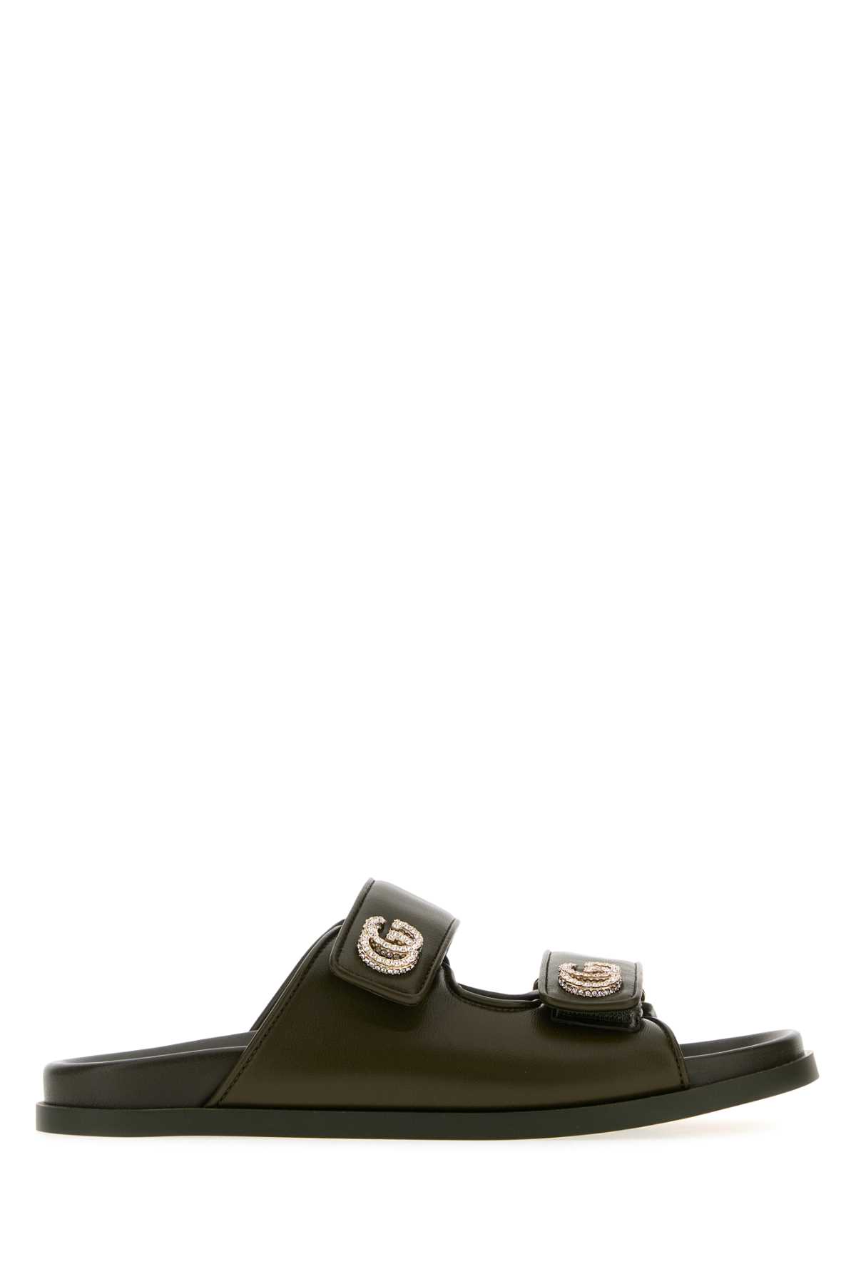 Gucci Olive Green Leather Slippers In Black