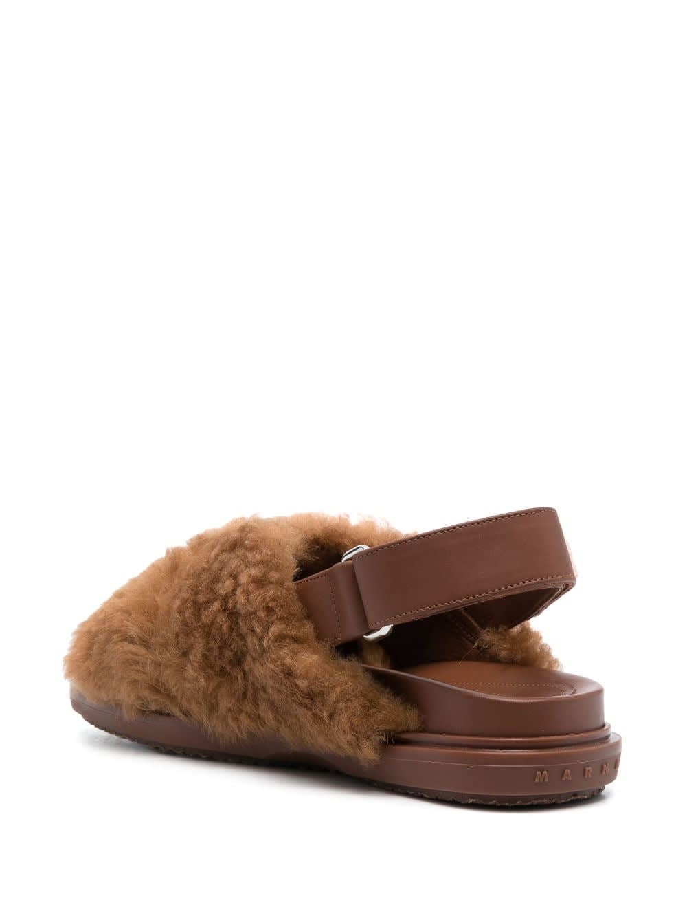 Shop Marni Fussbett Crisscross Sandal Monochrome In Shearling With Logo Back Strap In Caramel