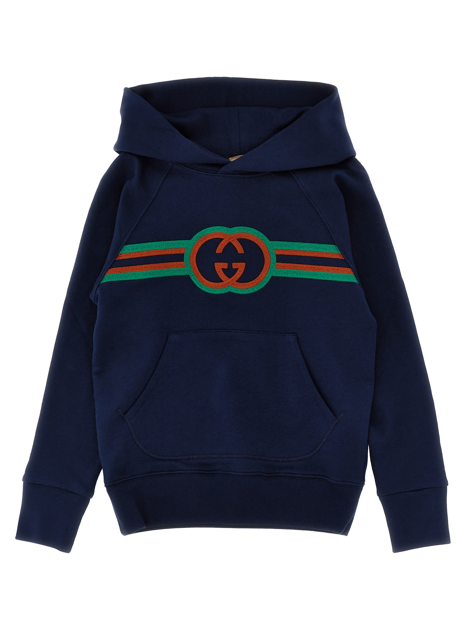 Shop Gucci Logo Embroidered Hoodie In Blue
