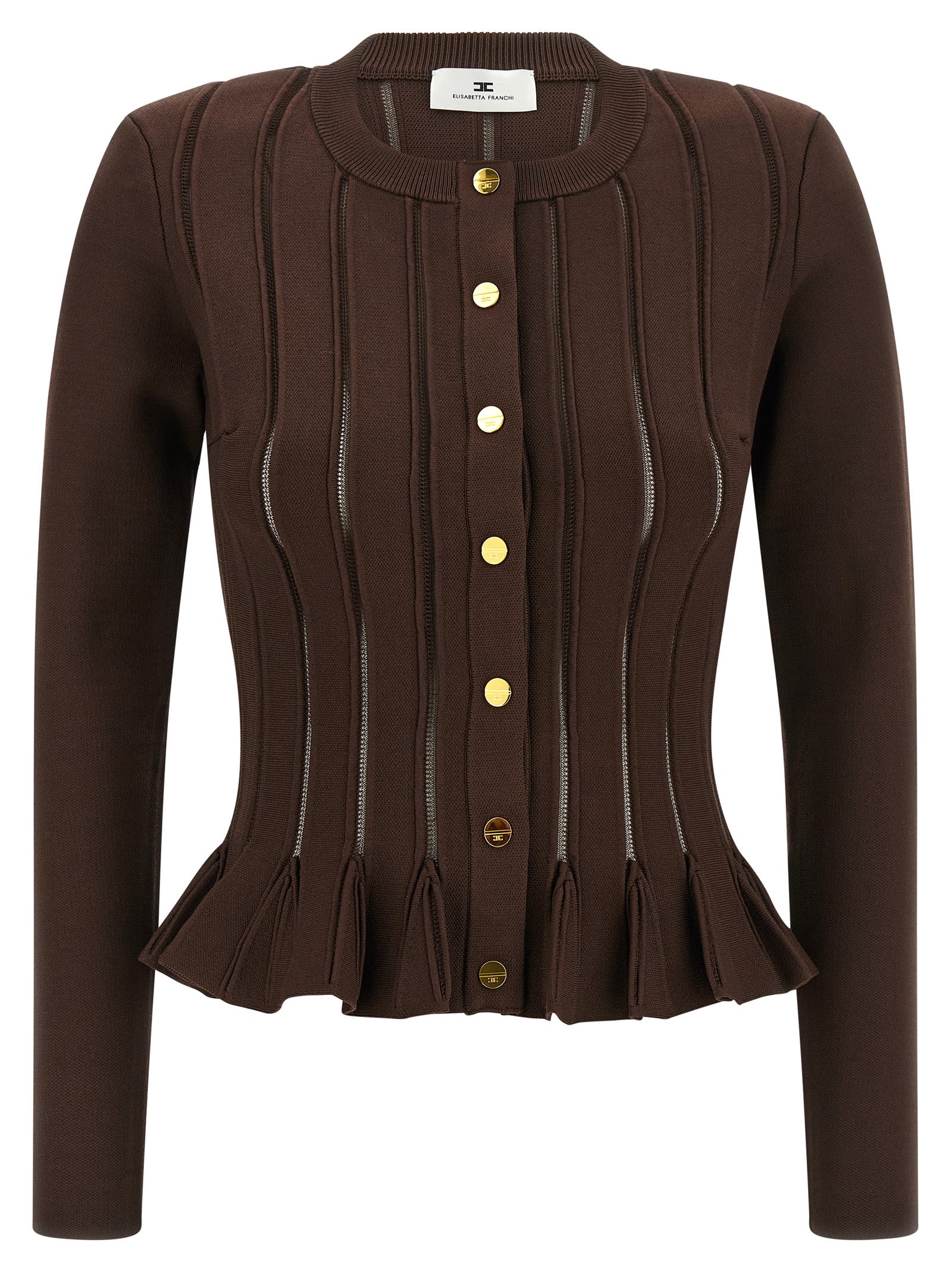 Elisabetta Franchi Knit Jacket With Openwork Details In Brown