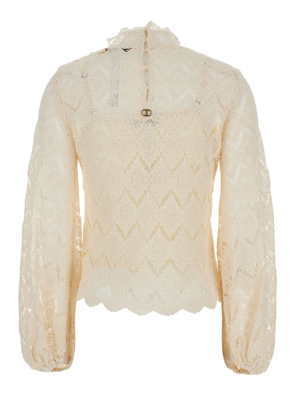 Shop Twinset Beige Blouse With Mock Neck And Scallop Hem In Cotton Woman