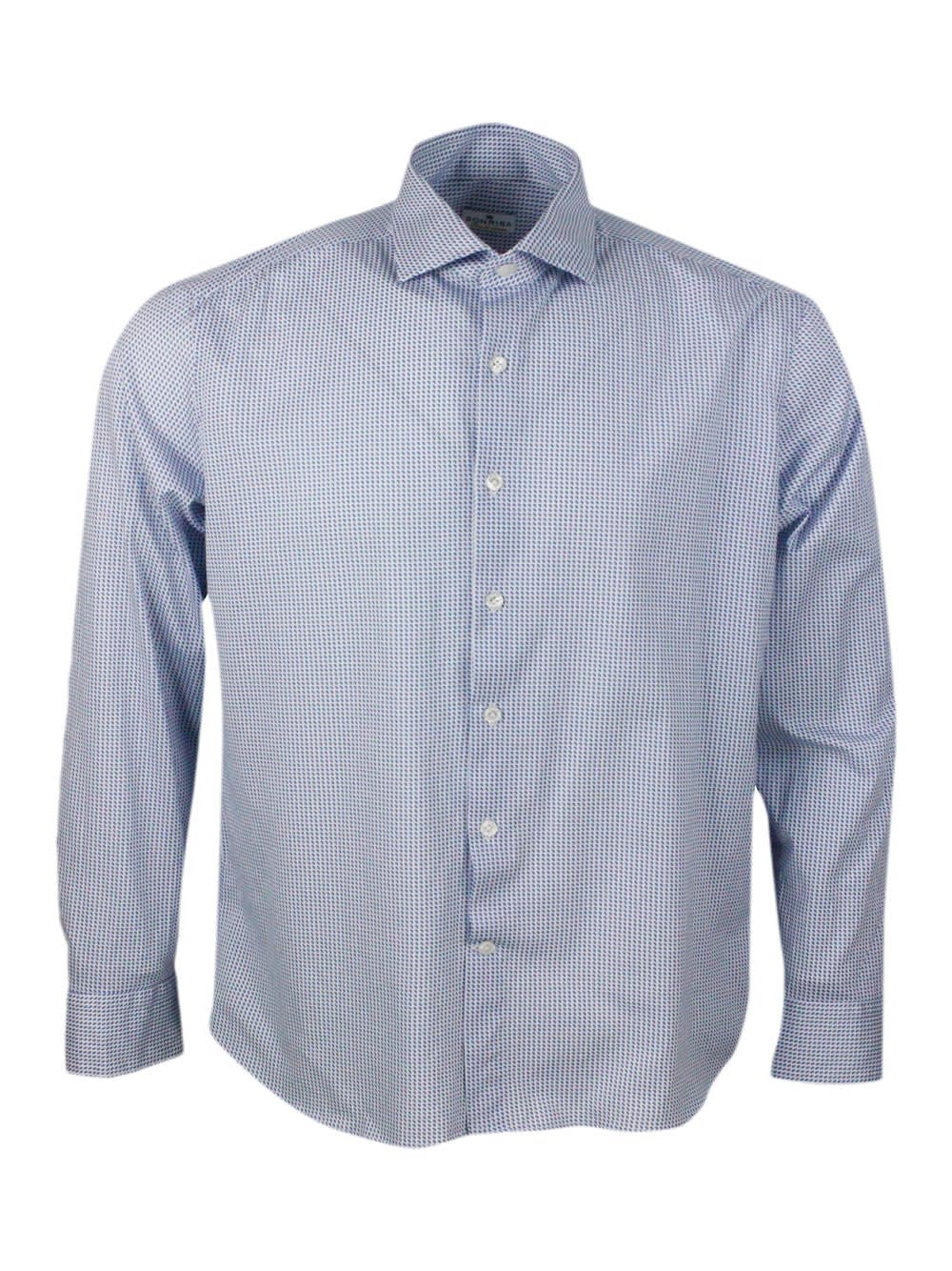 Shop Sonrisa Luxury Shirt In Soft, Precious And Very Fine Stretch Cotton Flower With French Collar In A Small Blu In White