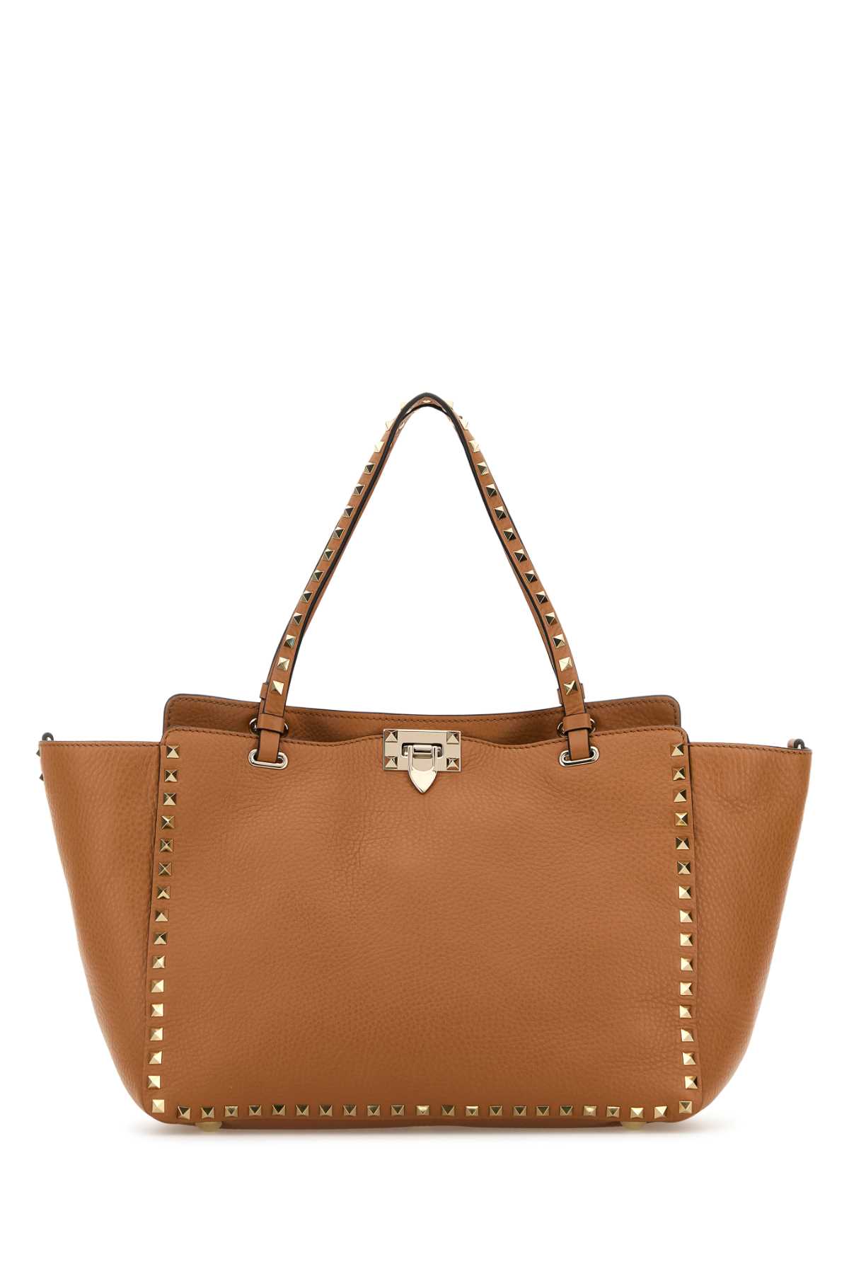 Shop Valentino Camel Leather Medium Rockstud Shoulder Bag In Almondbeige