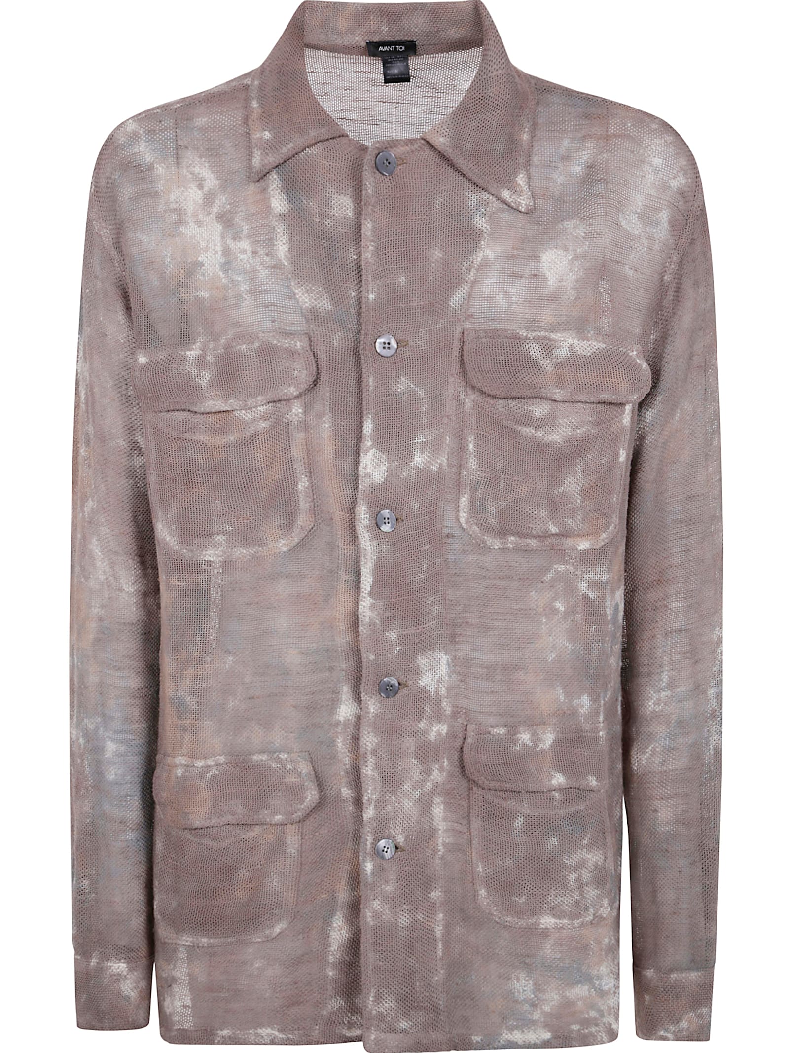 Dirty Effect Linen And Cotton Net Fabric Shirt With Pockets